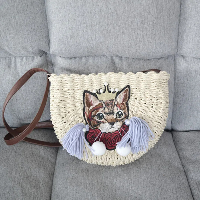 Diagonal Tassel Cat Beach Straw Bag