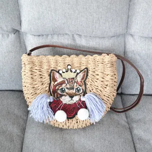 Diagonal Tassel Cat Beach Straw Bag