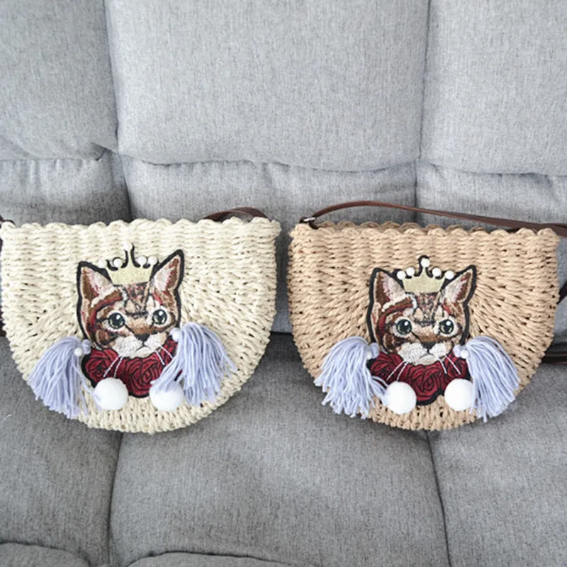 Diagonal Tassel Cat Beach Straw Bag
