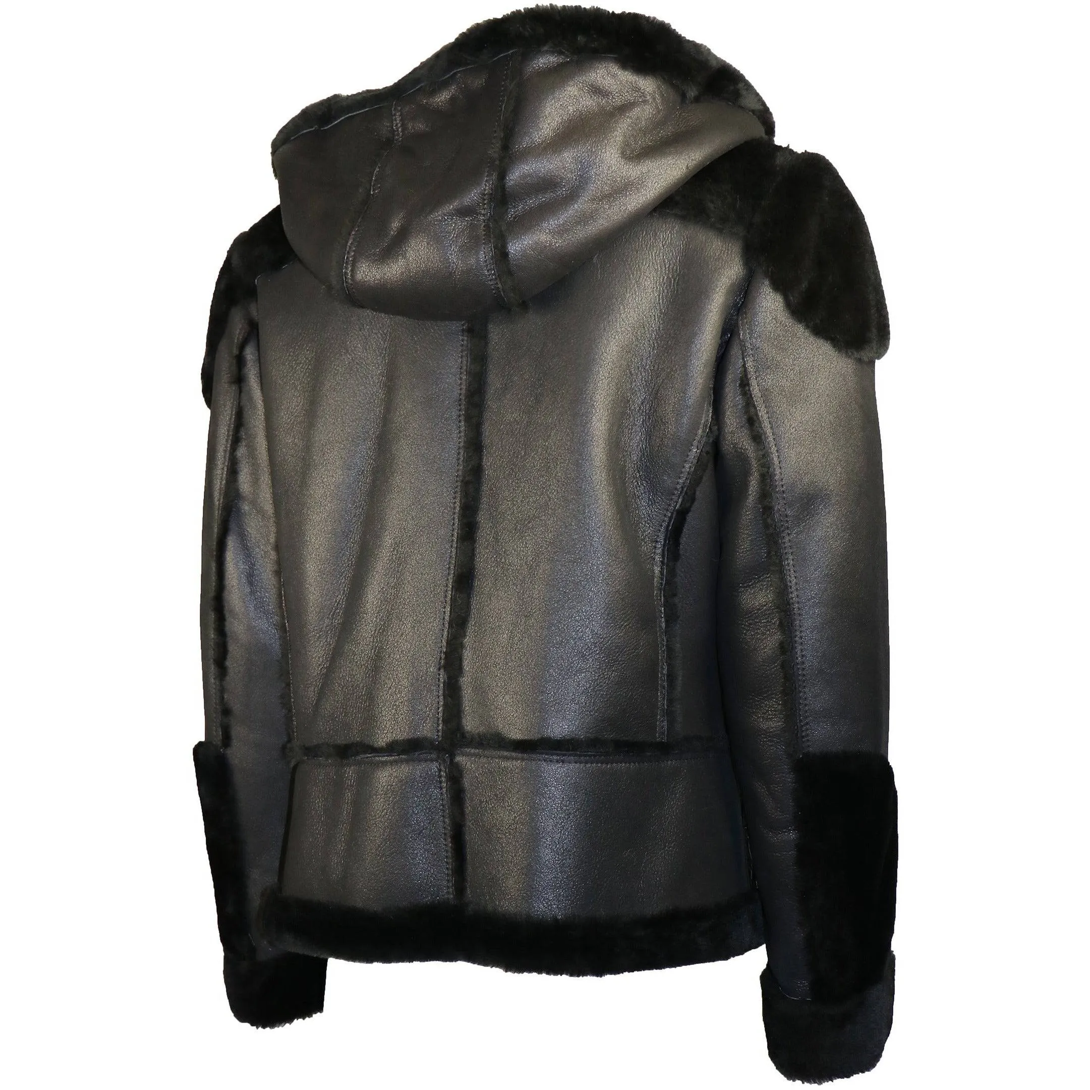 DODICI Men's Sheepskin Shearling Moto Jacket with Hood
