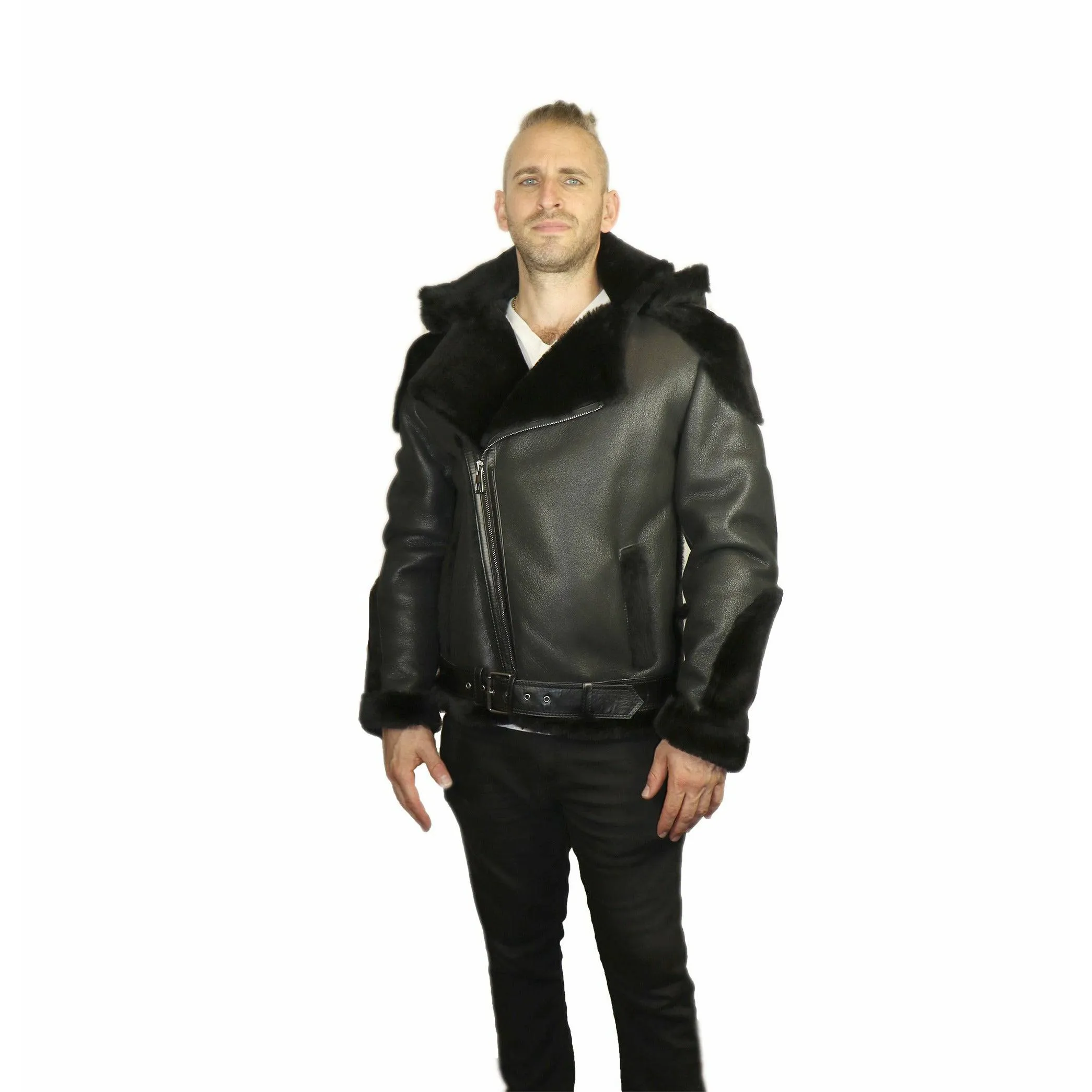 DODICI Men's Sheepskin Shearling Moto Jacket with Hood