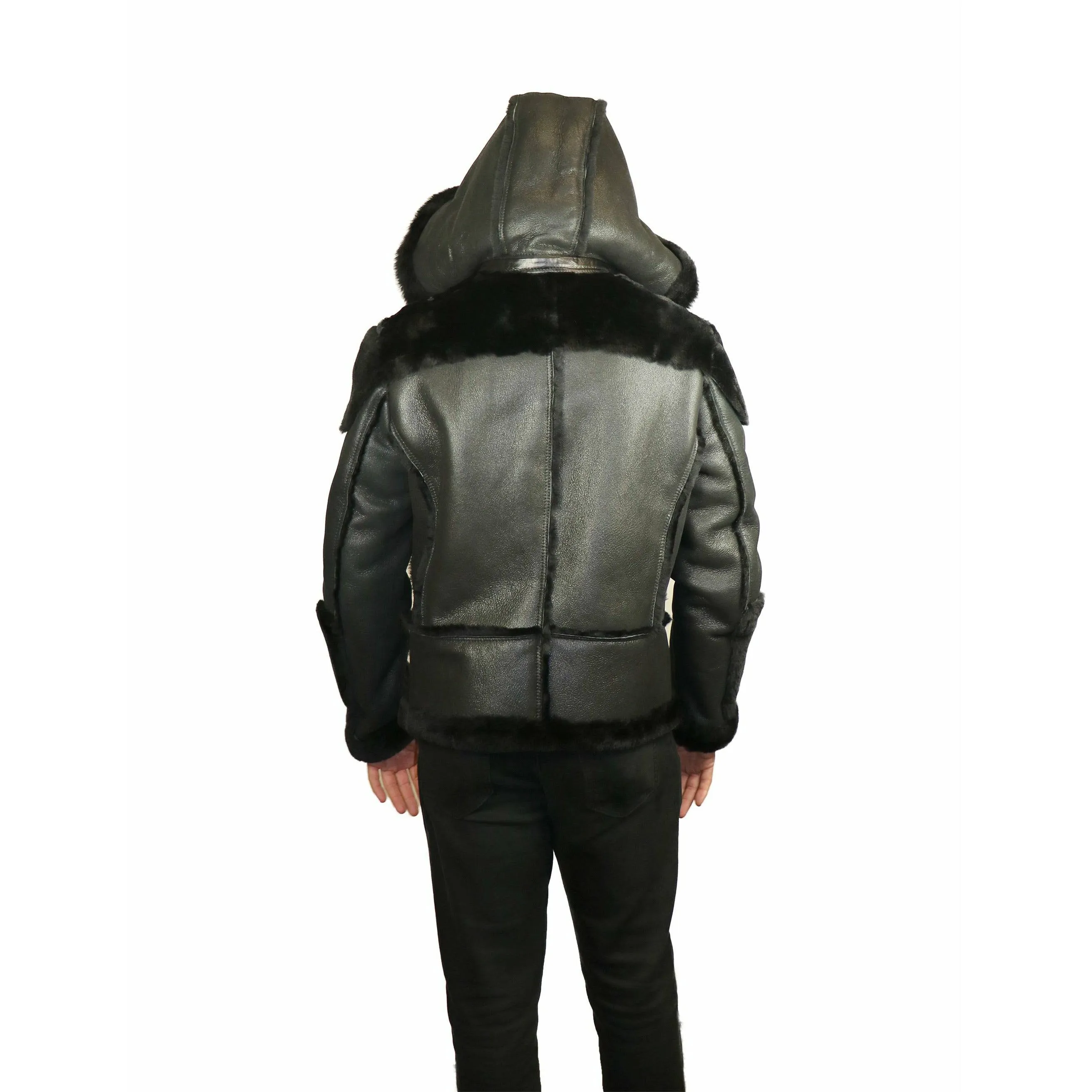 DODICI Men's Sheepskin Shearling Moto Jacket with Hood