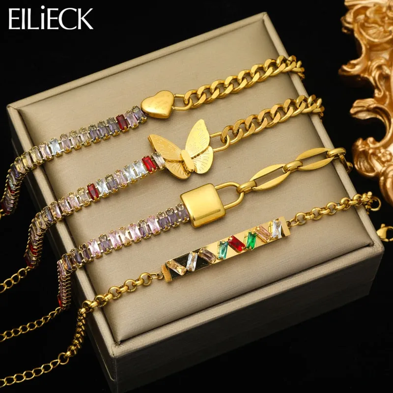 EILIECK 316L Stainless Steel Heart Lock Butterfly Colored Zirconia Bracelet For Women Girl Fashion Bangles Wrist Jewelry Gift