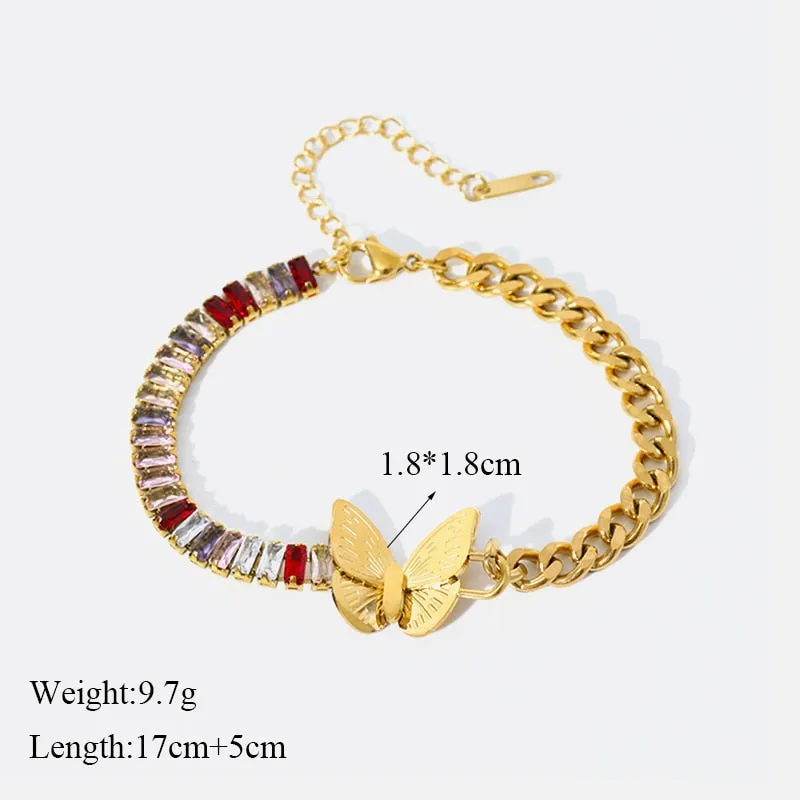 EILIECK 316L Stainless Steel Heart Lock Butterfly Colored Zirconia Bracelet For Women Girl Fashion Bangles Wrist Jewelry Gift