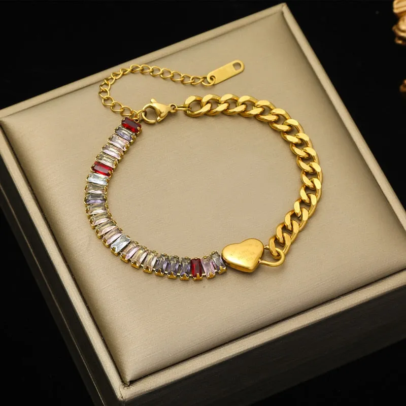 EILIECK 316L Stainless Steel Heart Lock Butterfly Colored Zirconia Bracelet For Women Girl Fashion Bangles Wrist Jewelry Gift