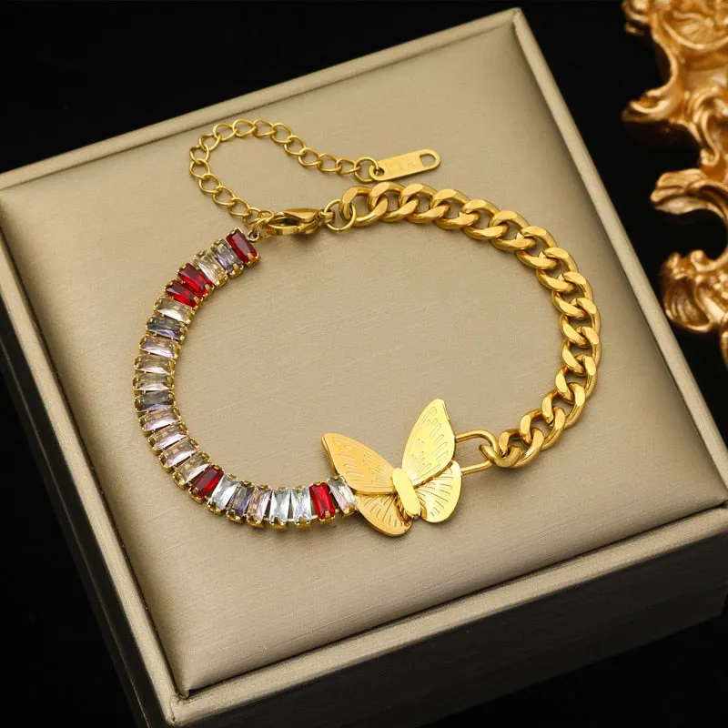 EILIECK 316L Stainless Steel Heart Lock Butterfly Colored Zirconia Bracelet For Women Girl Fashion Bangles Wrist Jewelry Gift
