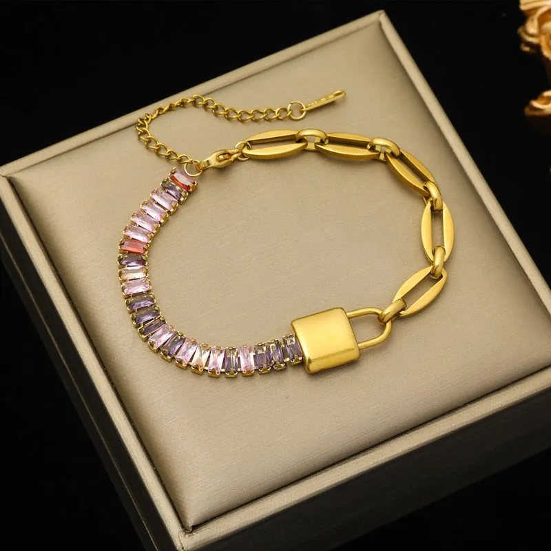 EILIECK 316L Stainless Steel Heart Lock Butterfly Colored Zirconia Bracelet For Women Girl Fashion Bangles Wrist Jewelry Gift