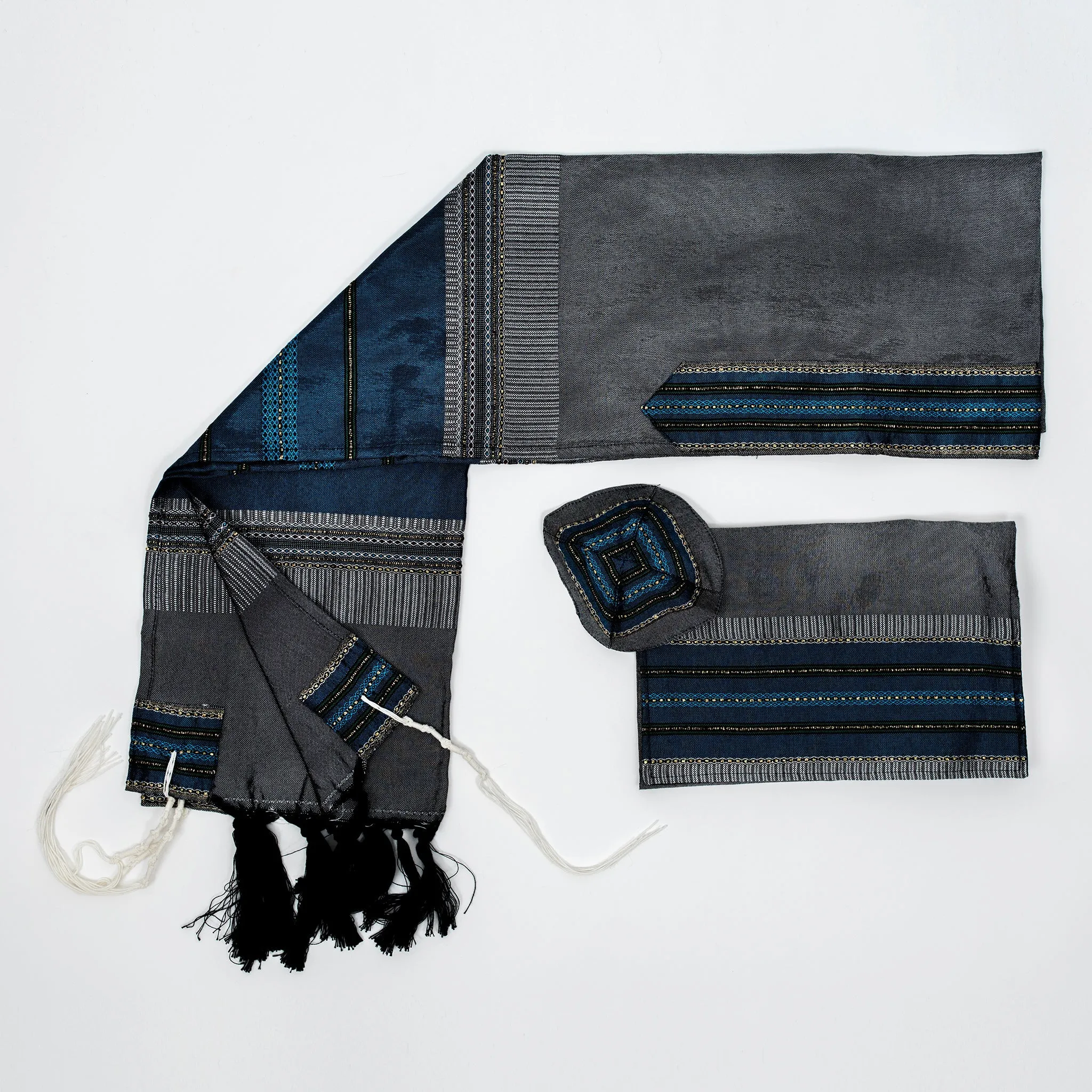 Elia - Silk Tallit- Flag Blue with gold on Gray