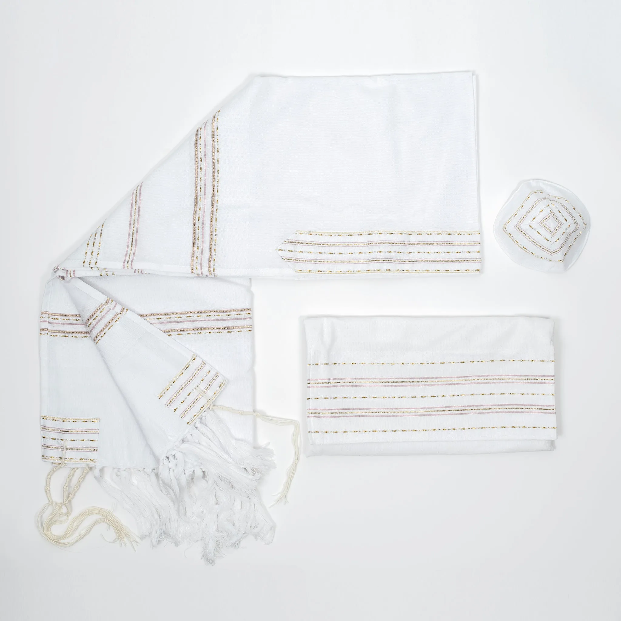Elia - Silk Tallit - Pink and Gold on White