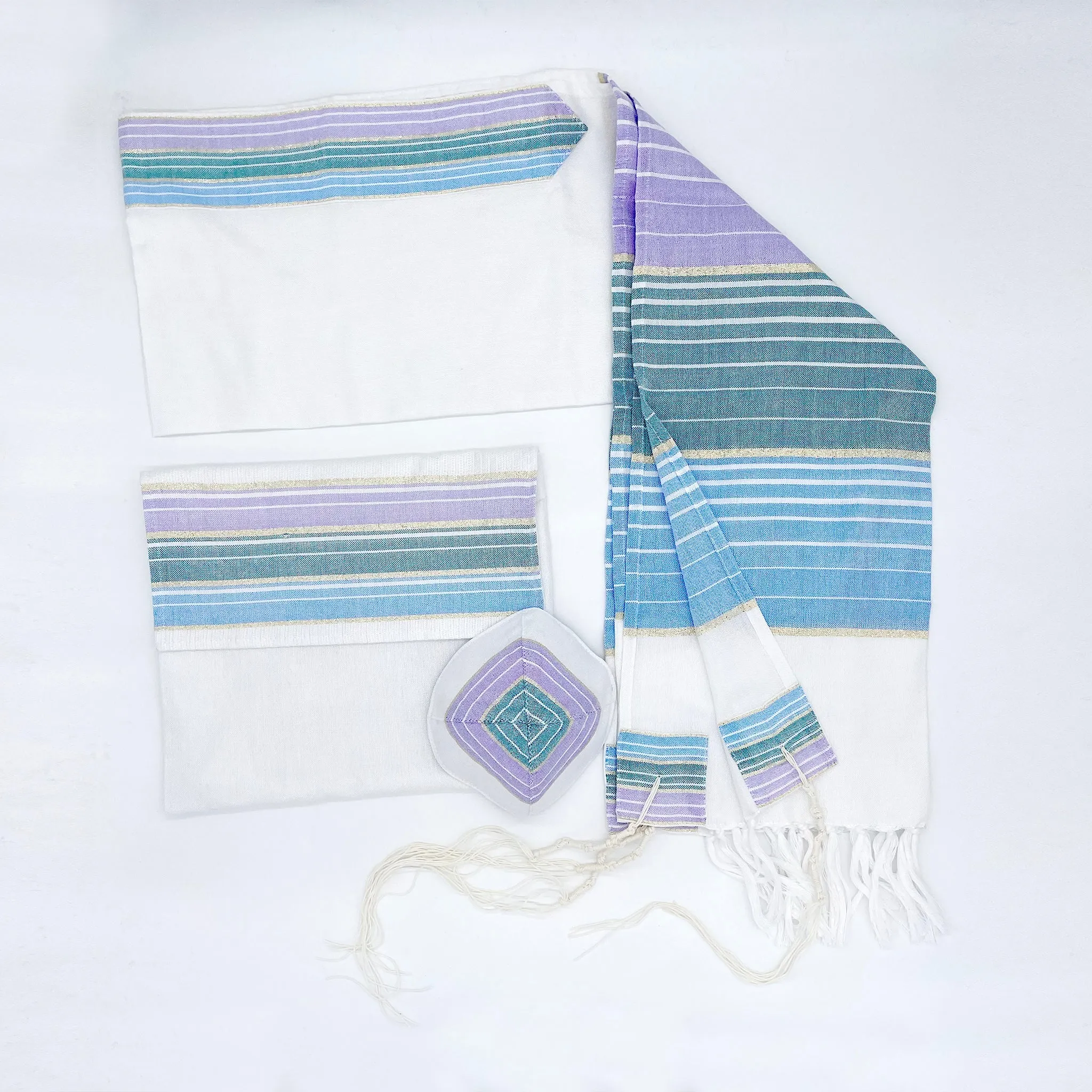 Ella - Silk Tallit  - Pastel Purple, Teal and blue with Gold on White