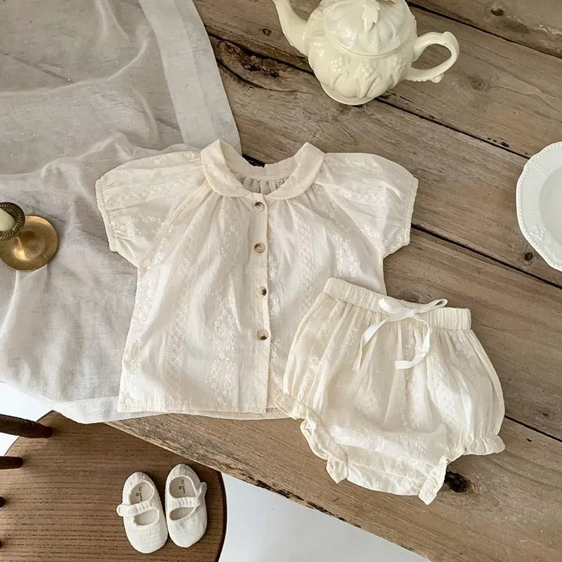 Embroidery Shirt & Ruffled Shorts Set