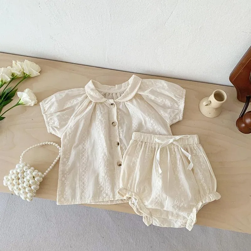 Embroidery Shirt & Ruffled Shorts Set