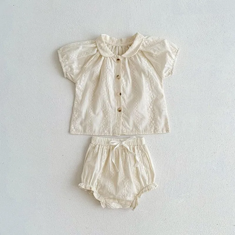 Embroidery Shirt & Ruffled Shorts Set