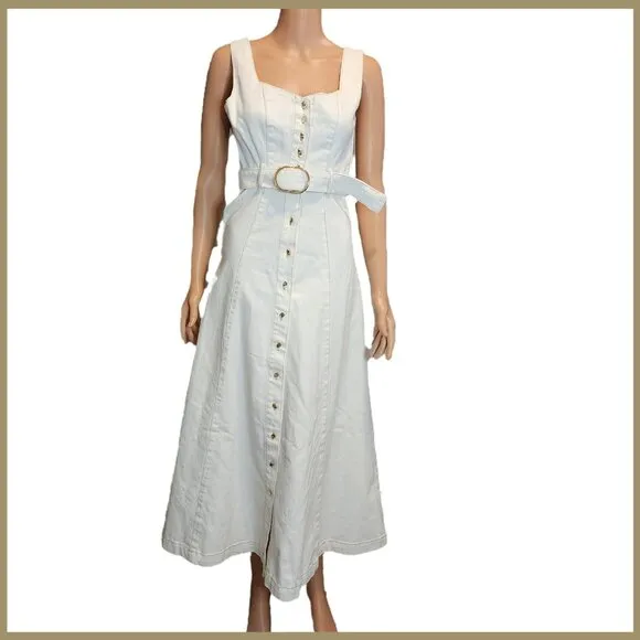 Ever New denim belted midi dress in white NWT Size 0 small tear at zipper