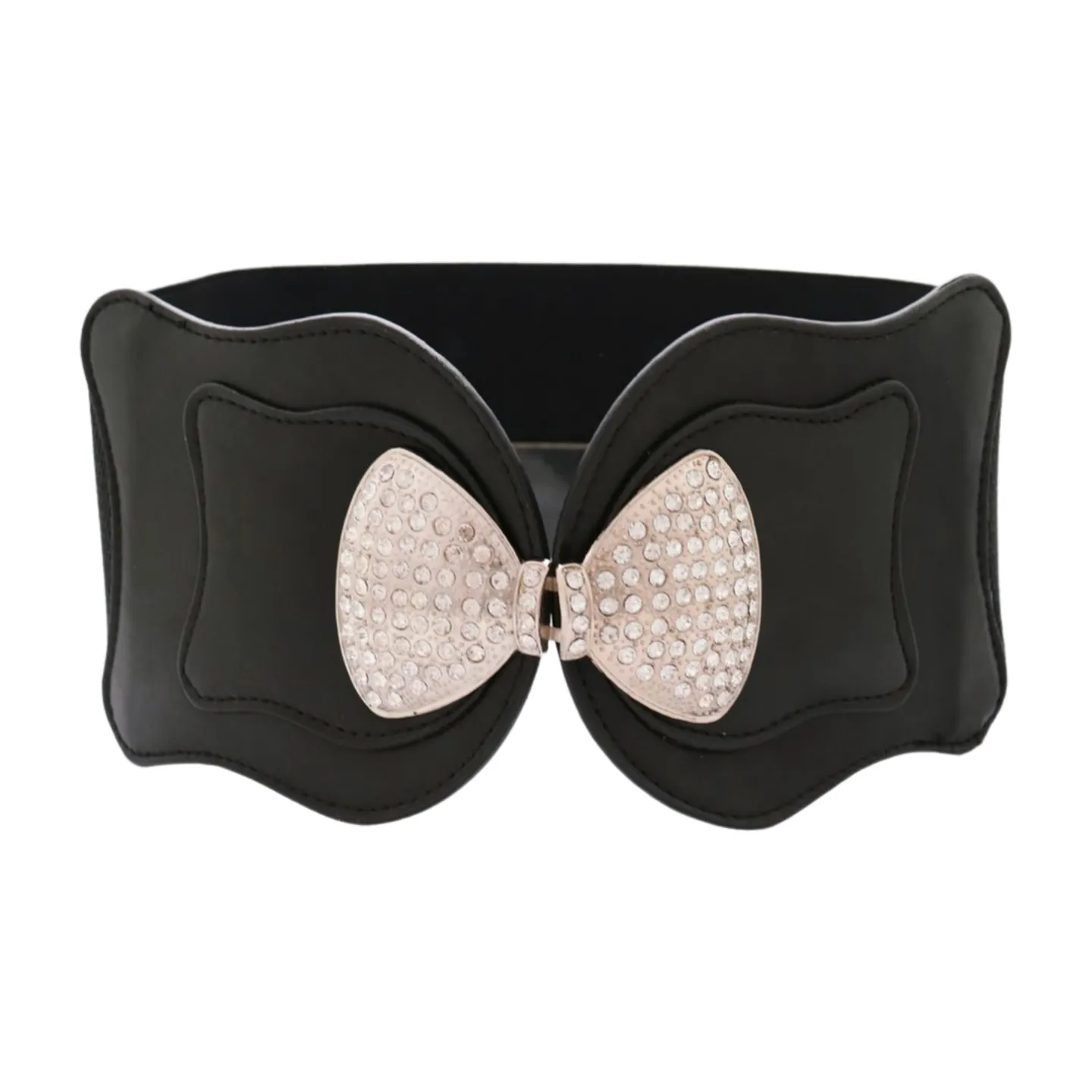 Fashion Belt Black Elastic Band Silver Metal Bow Buckle Size S M
