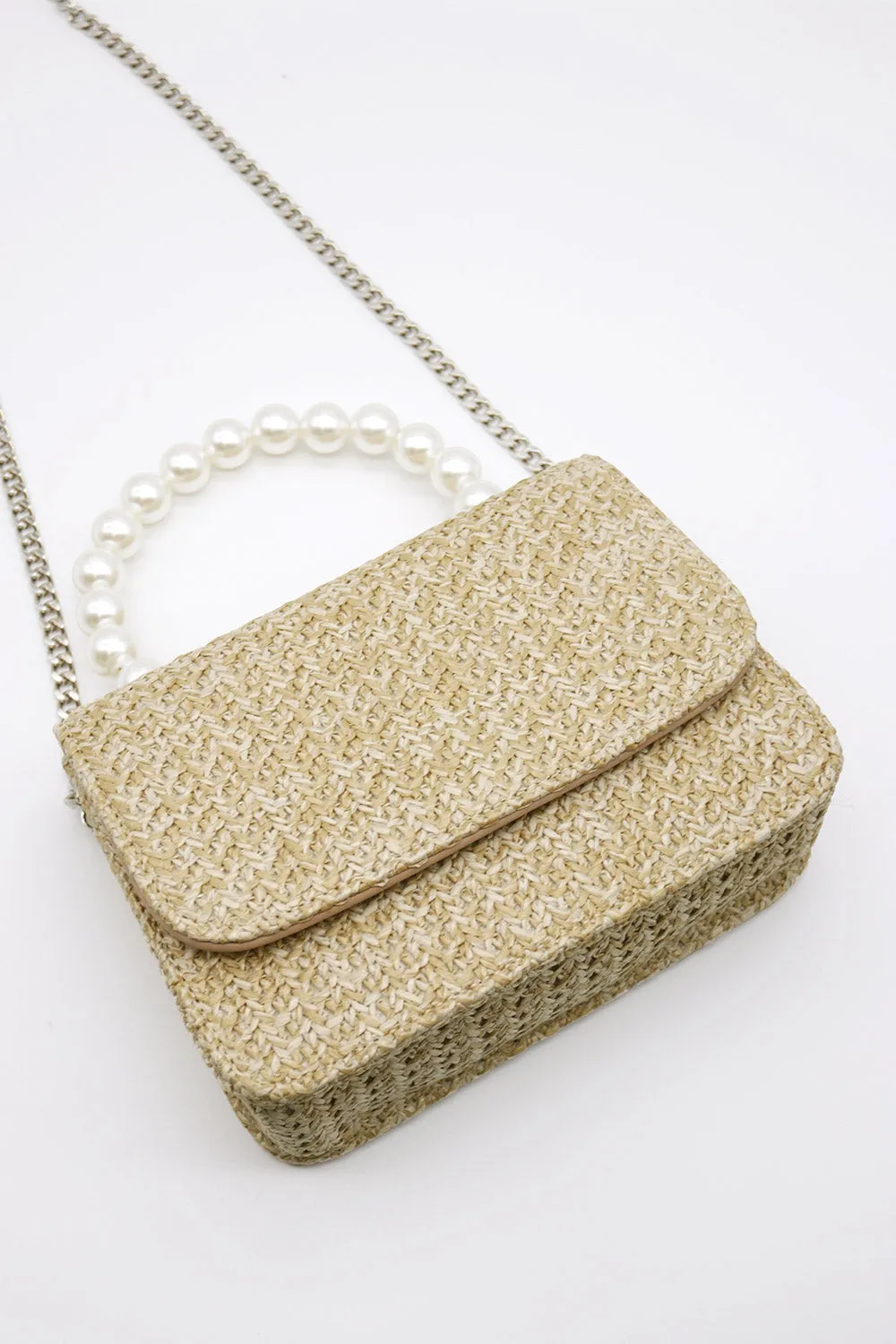 Faux Pearl Handle Straw Bag