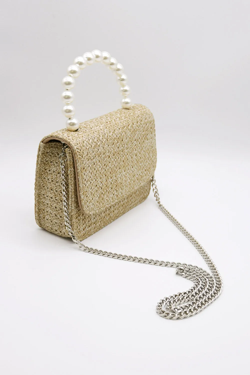 Faux Pearl Handle Straw Bag