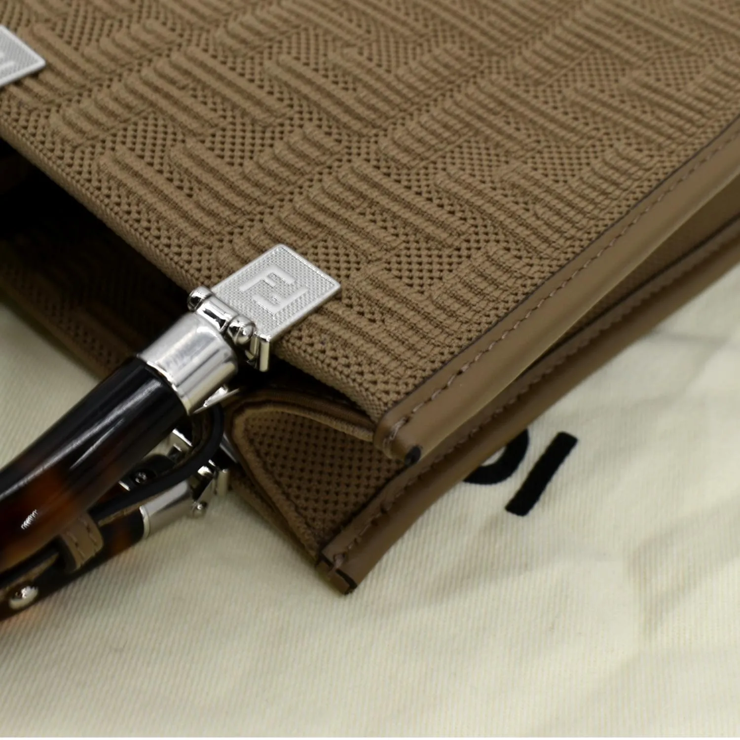 FENDI Mini Sunshine Plexiglass Technical Fabric Vitello Ceylon Shopper Tote Crossbody Bag Sand