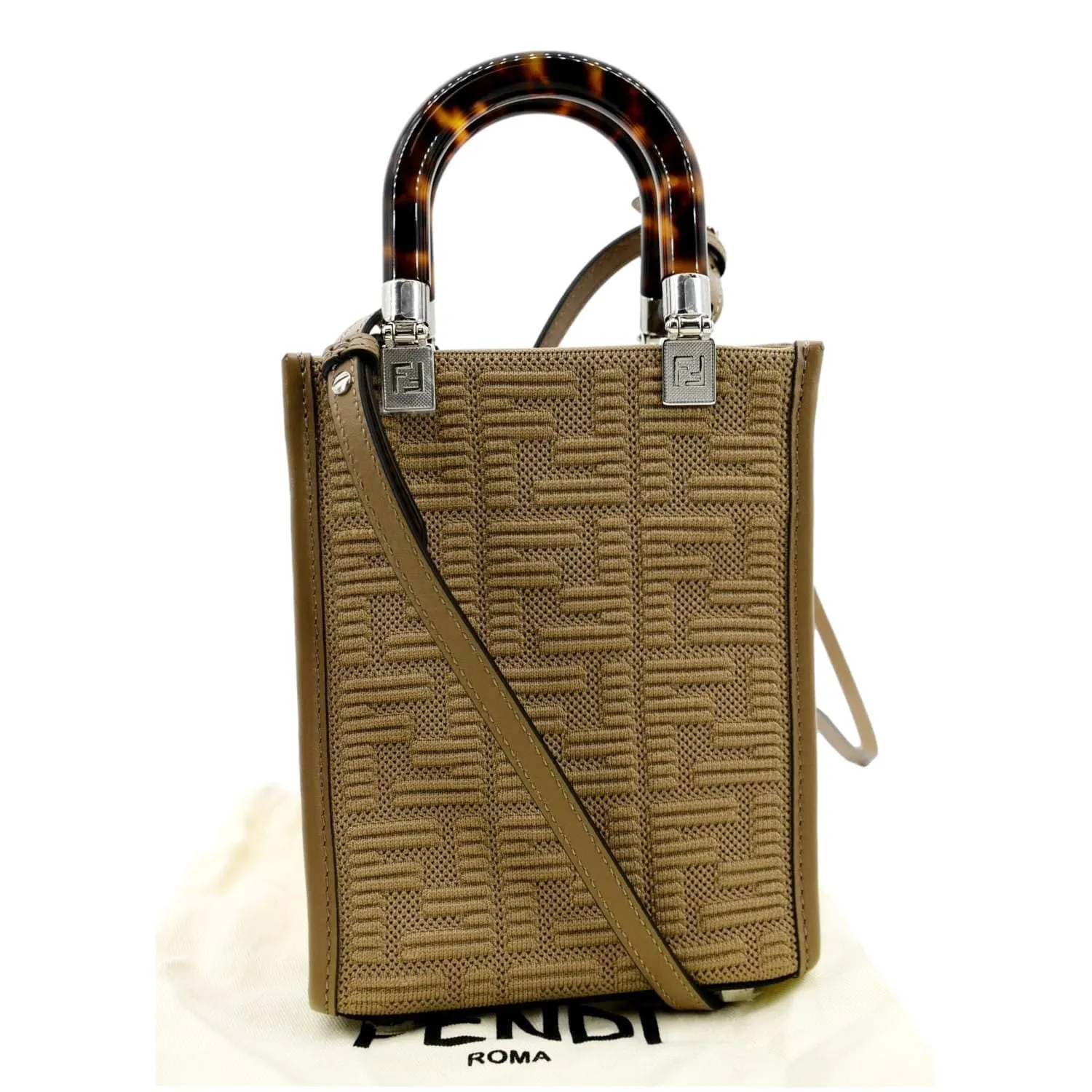 FENDI Mini Sunshine Plexiglass Technical Fabric Vitello Ceylon Shopper Tote Crossbody Bag Sand