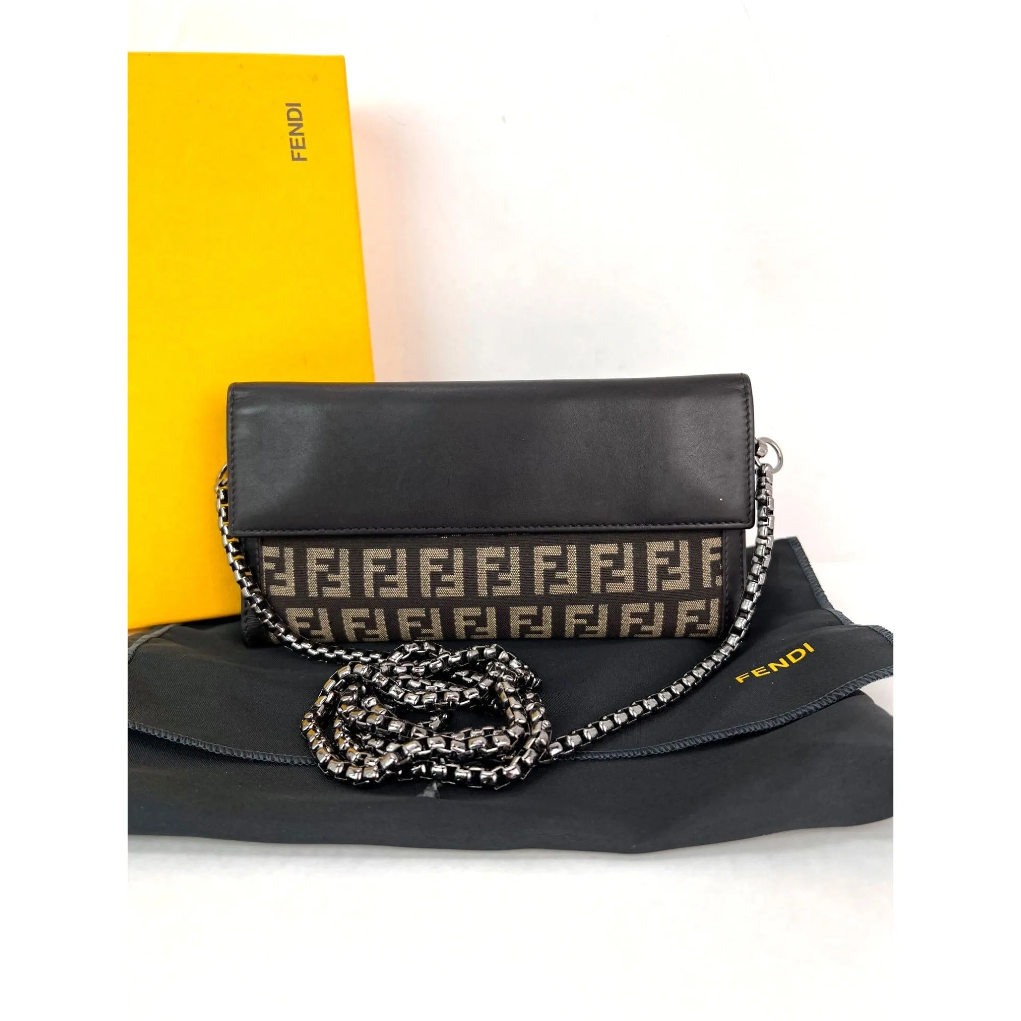 Fendi Zucchino Canvas Leather Long Wallet Crossbody