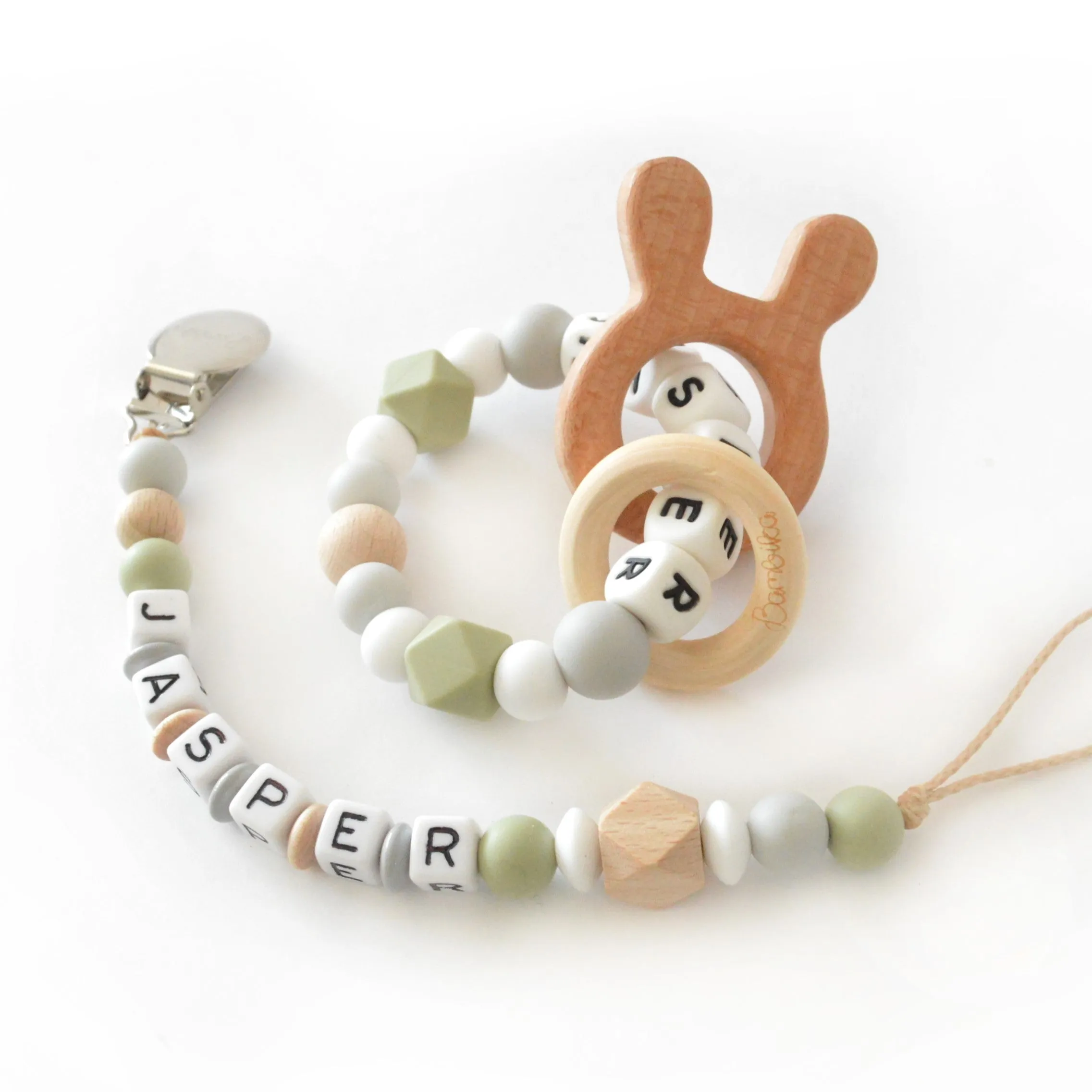 Gift Set | Pacifier Clip/Rattle | Personalized | Jasper