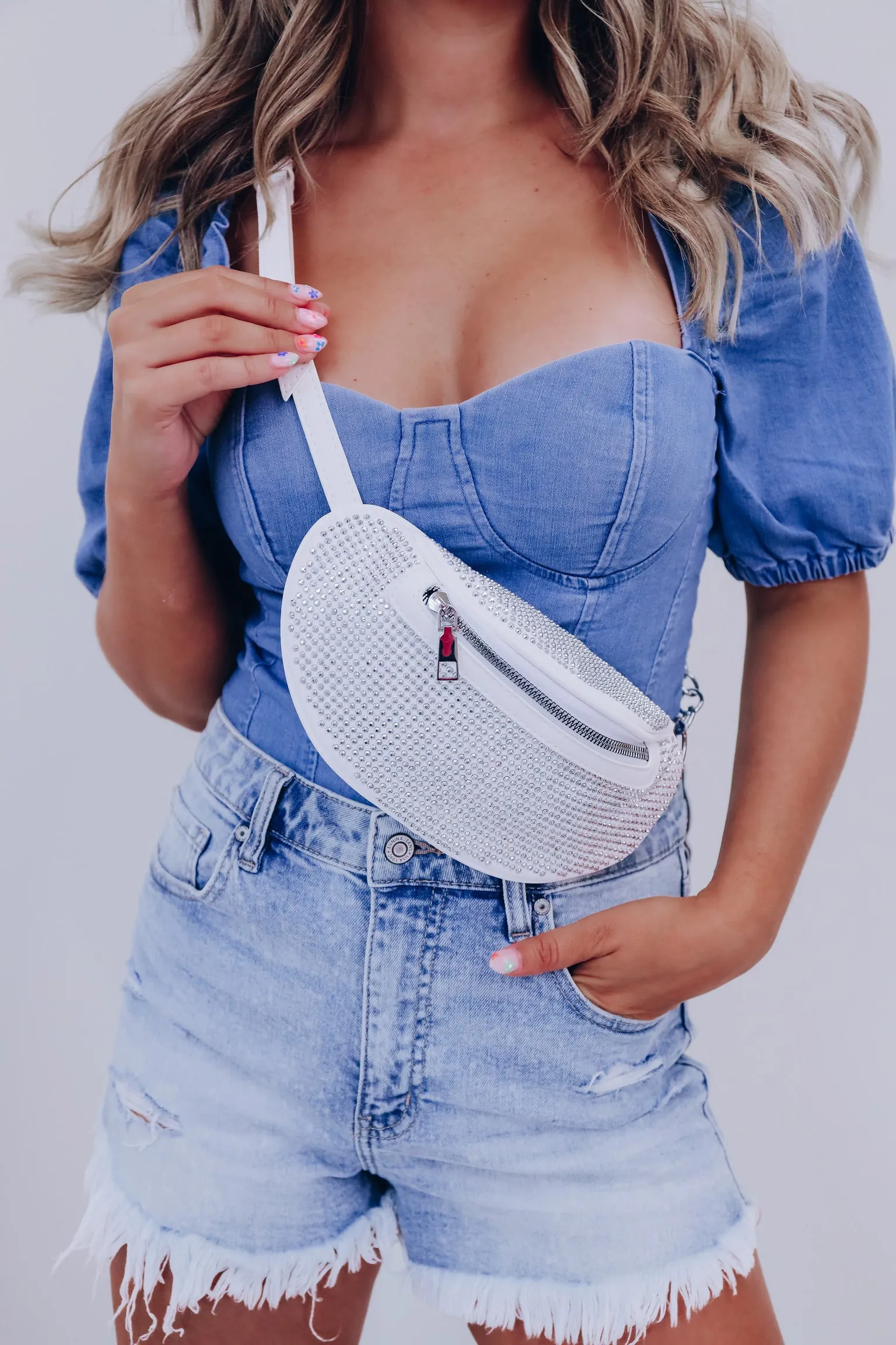 Girl's Best Friend Rhinestone Belt Bag - White