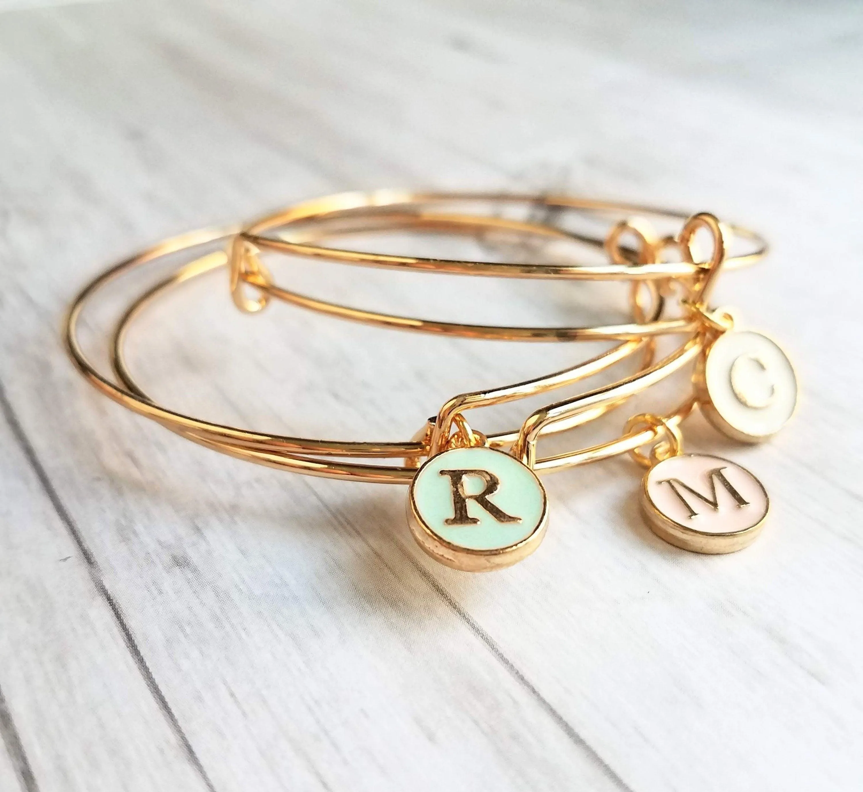 Gold Bangle - ONE adjustable stacking charm bracelet - simple round enamel letter initial in mint pink white - minimalist trendy slide loop