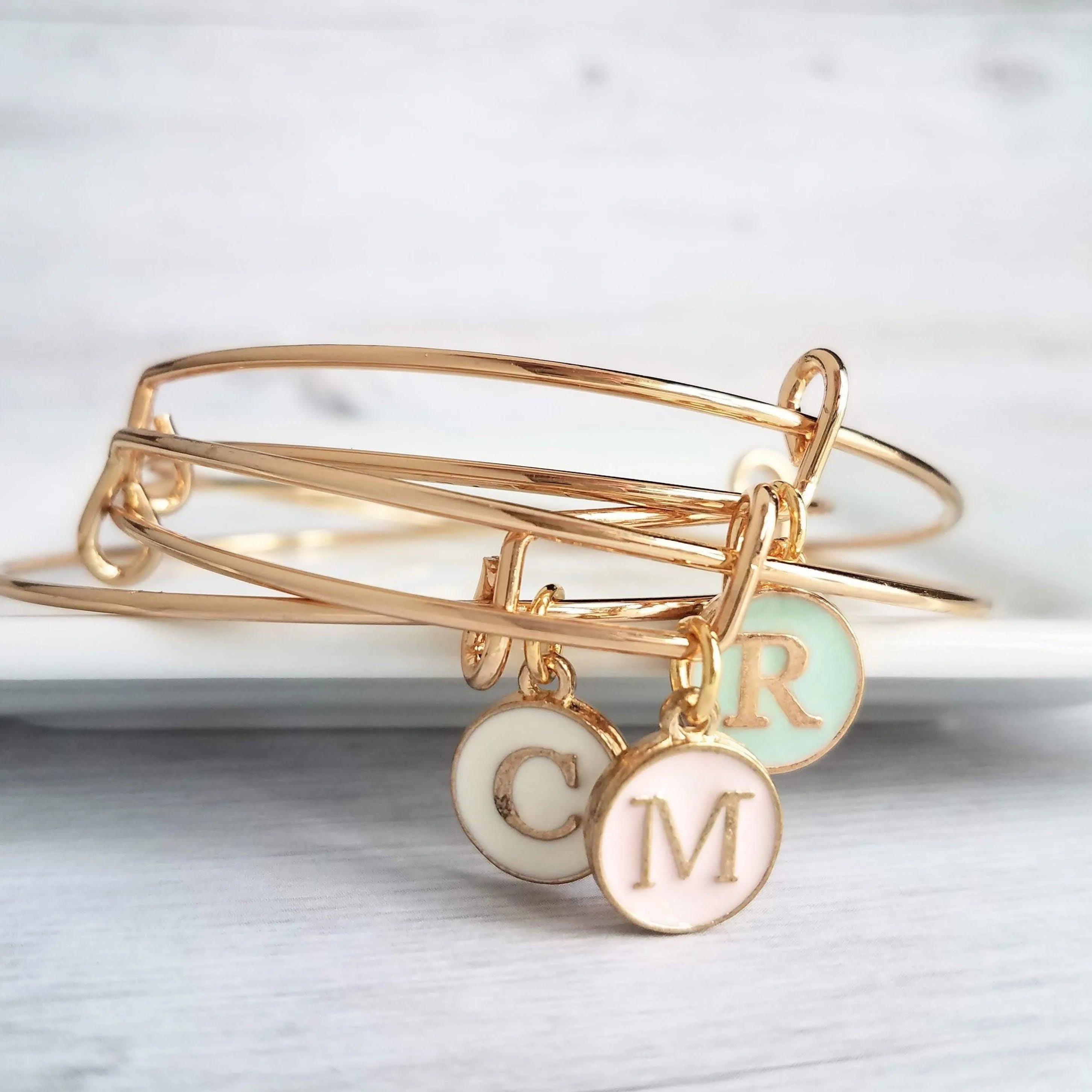 Gold Bangle - ONE adjustable stacking charm bracelet - simple round enamel letter initial in mint pink white - minimalist trendy slide loop