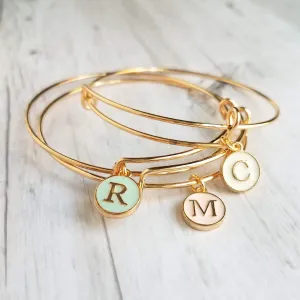 Gold Bangle - ONE adjustable stacking charm bracelet - simple round enamel letter initial in mint pink white - minimalist trendy slide loop