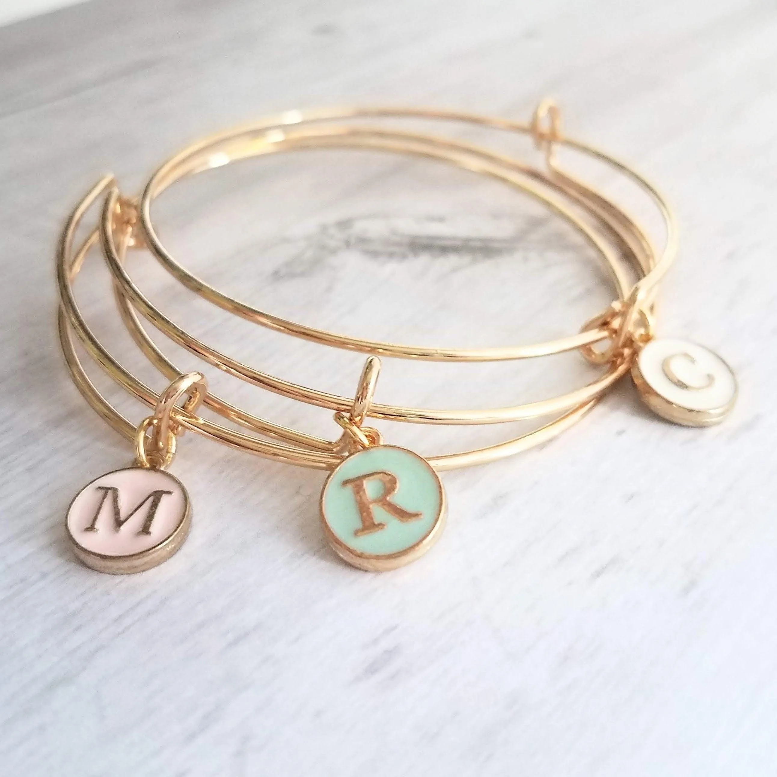 Gold Bangle - ONE adjustable stacking charm bracelet - simple round enamel letter initial in mint pink white - minimalist trendy slide loop