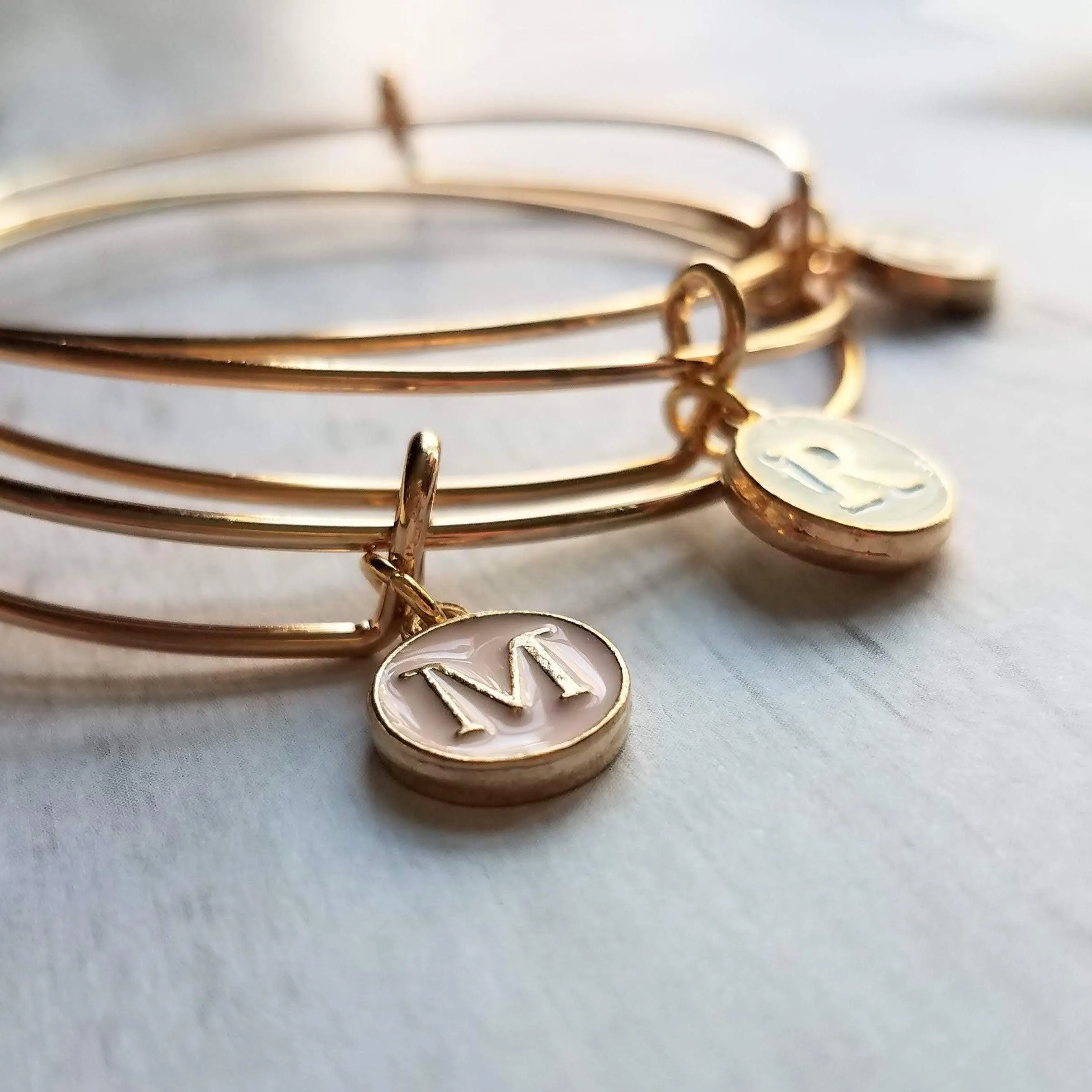 Gold Bangle - ONE adjustable stacking charm bracelet - simple round enamel letter initial in mint pink white - minimalist trendy slide loop