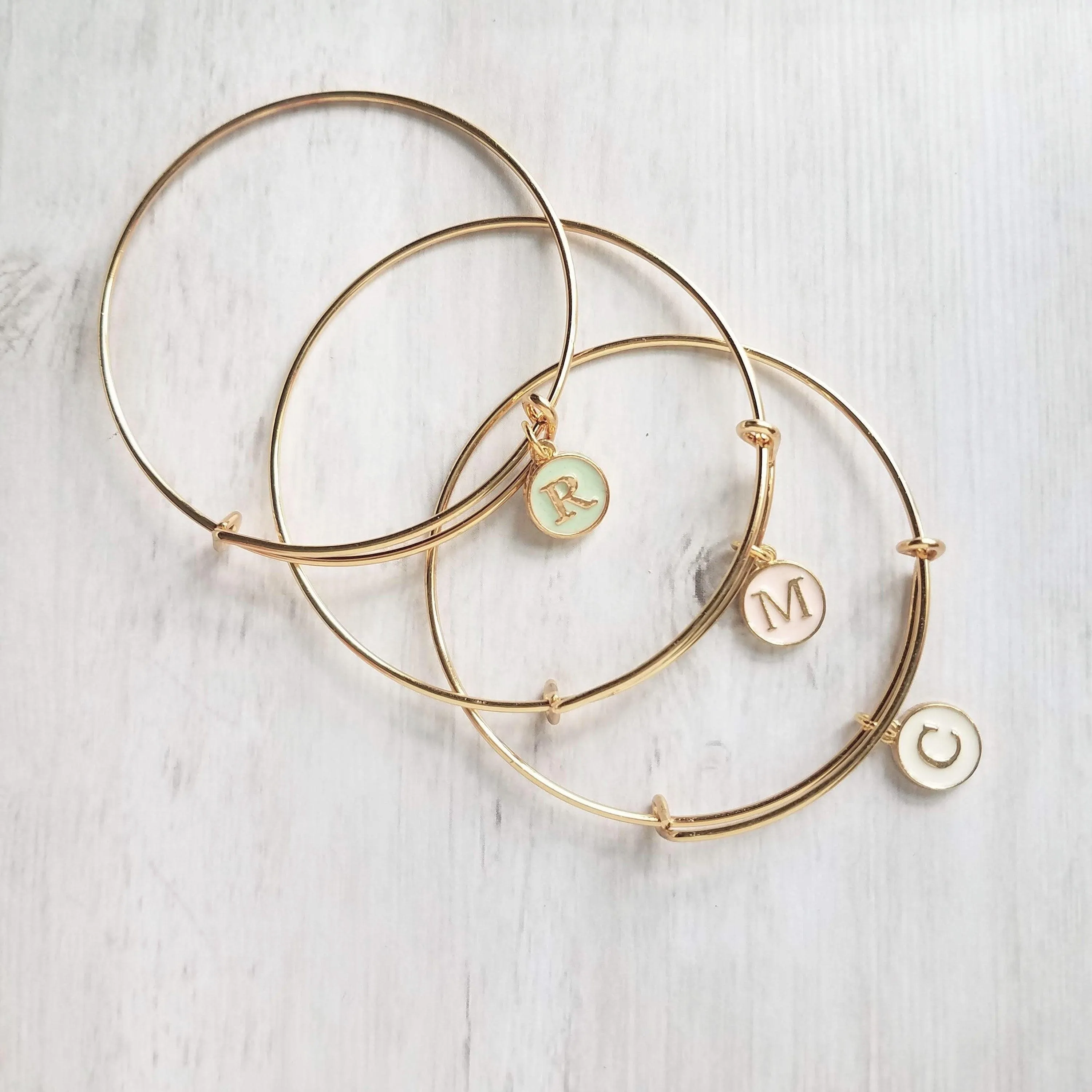 Gold Bangle - ONE adjustable stacking charm bracelet - simple round enamel letter initial in mint pink white - minimalist trendy slide loop