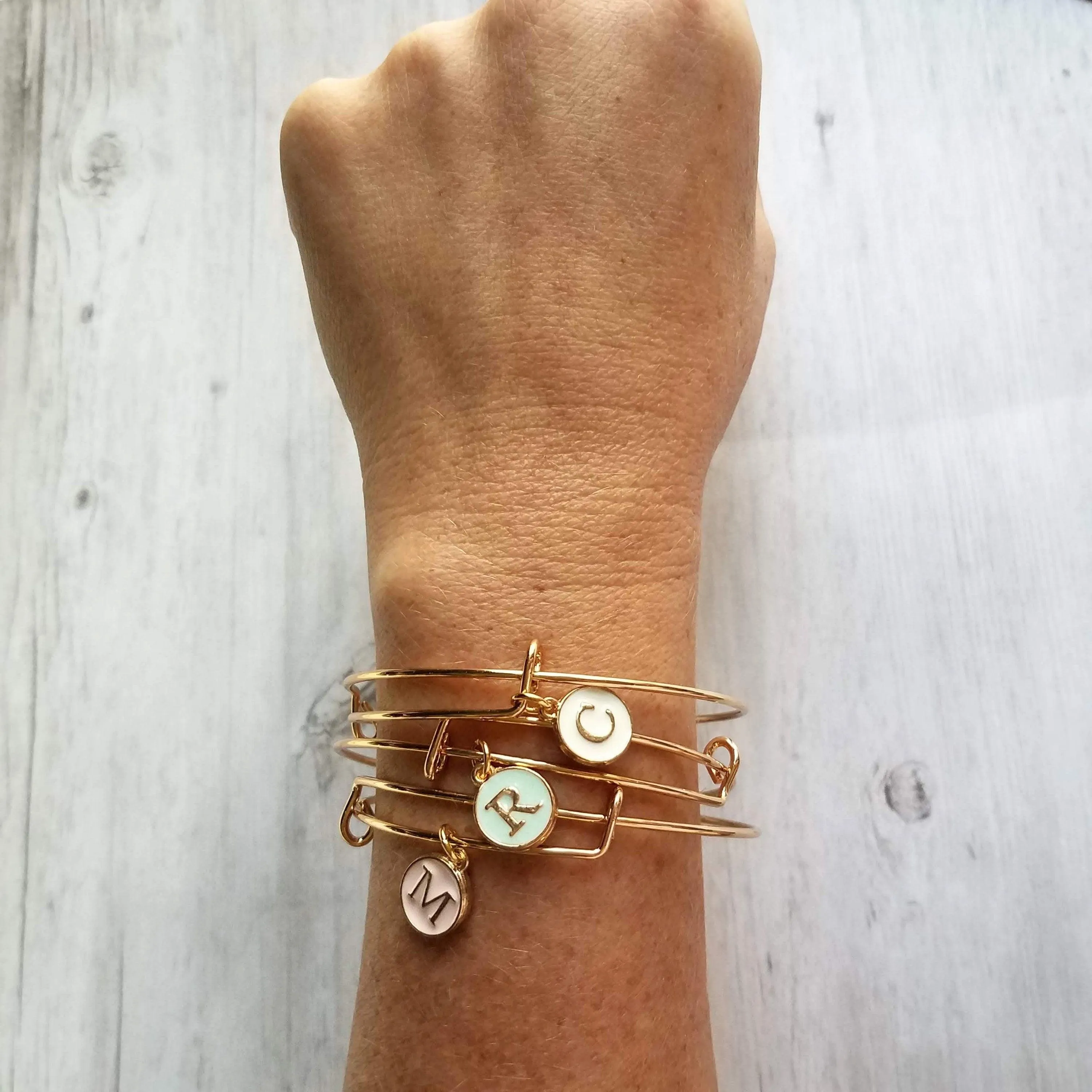 Gold Bangle - ONE adjustable stacking charm bracelet - simple round enamel letter initial in mint pink white - minimalist trendy slide loop