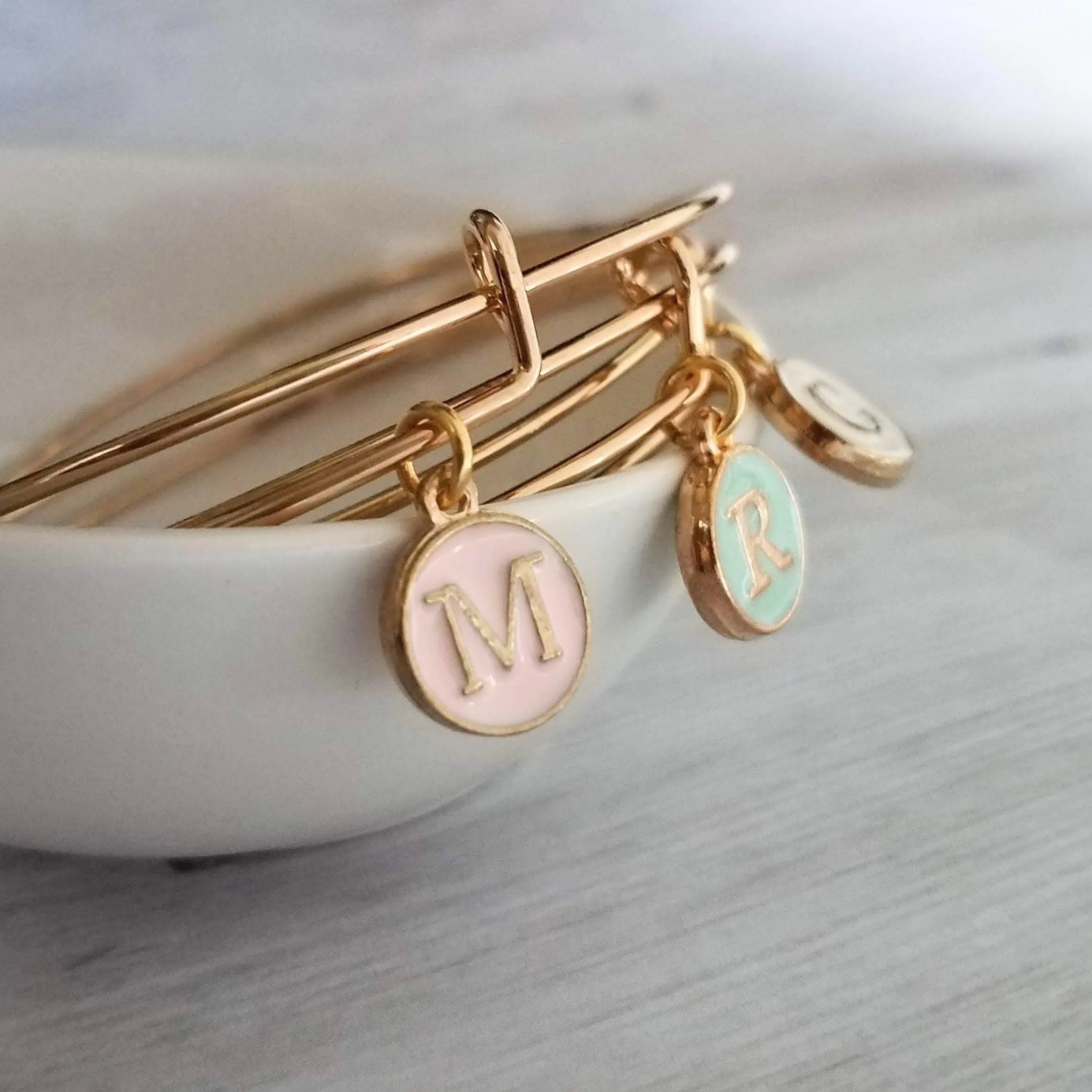 Gold Bangle - ONE adjustable stacking charm bracelet - simple round enamel letter initial in mint pink white - minimalist trendy slide loop