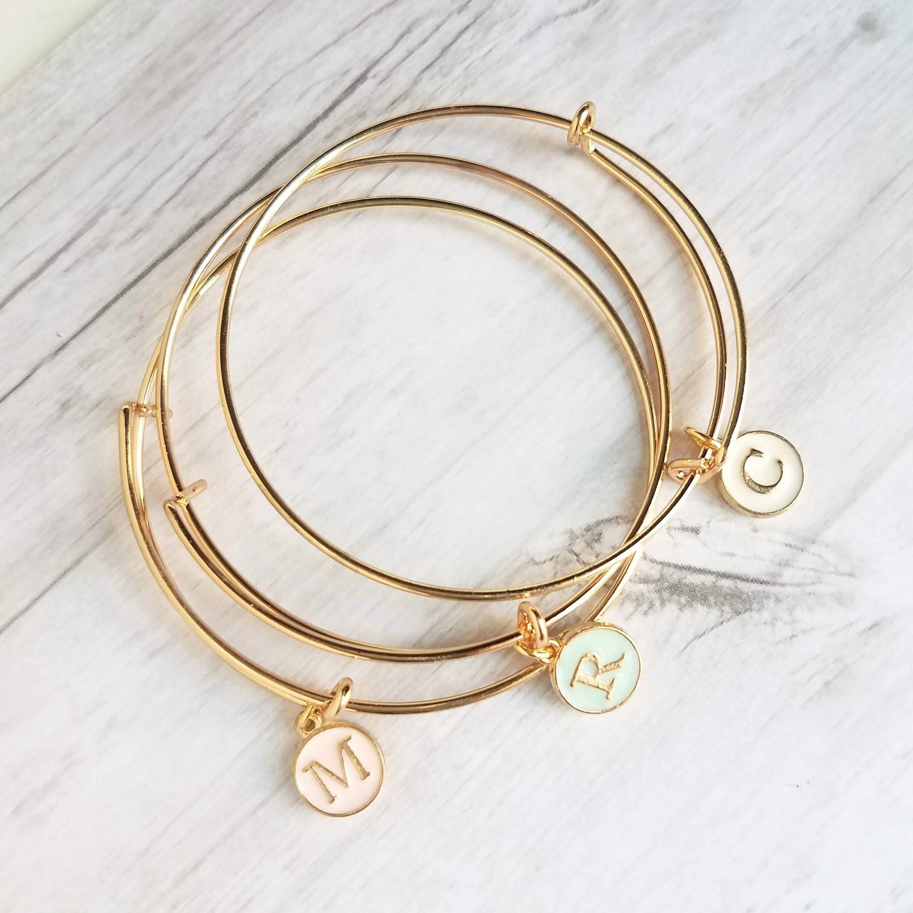 Gold Bangle - ONE adjustable stacking charm bracelet - simple round enamel letter initial in mint pink white - minimalist trendy slide loop
