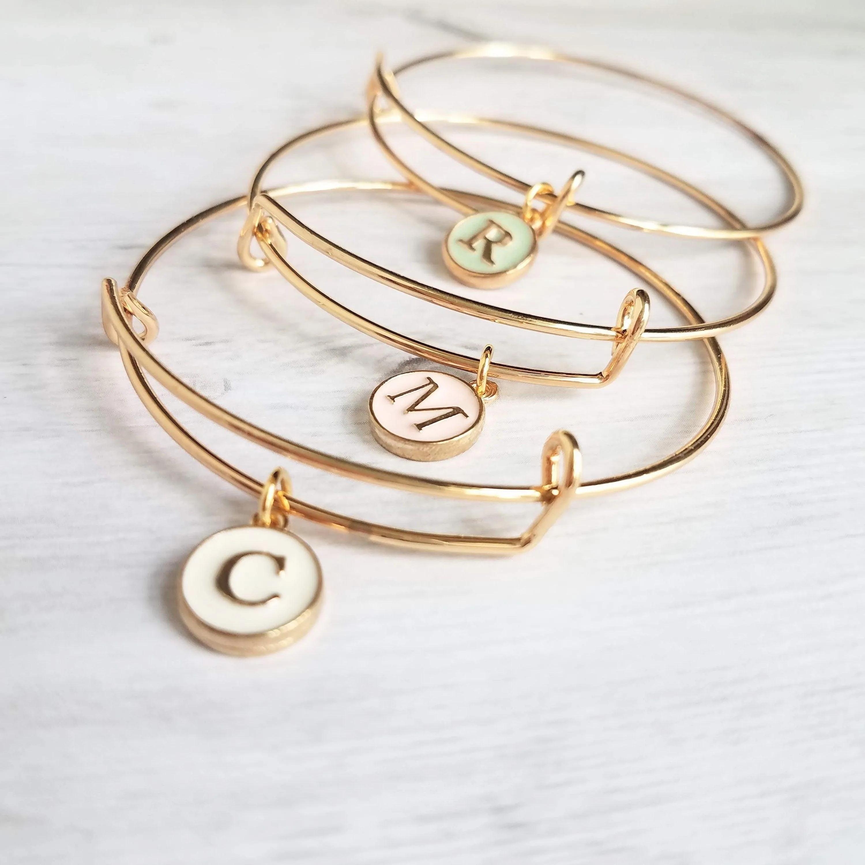 Gold Bangle - ONE adjustable stacking charm bracelet - simple round enamel letter initial in mint pink white - minimalist trendy slide loop