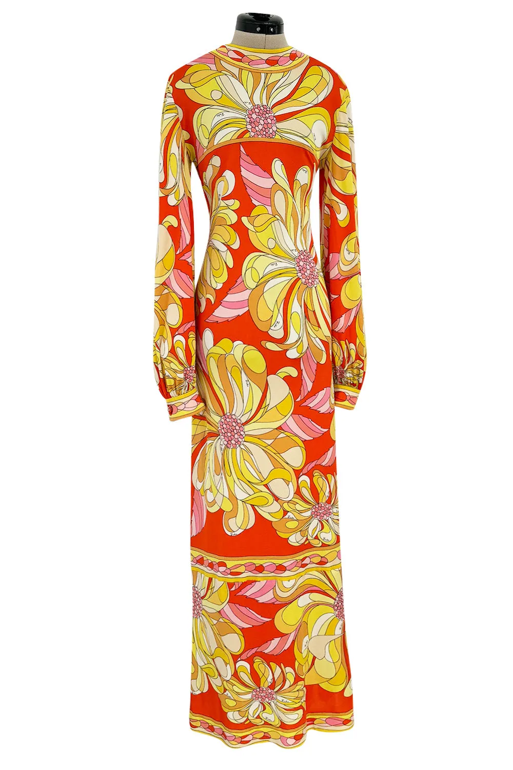 Gorgeous 1960s Emilio Pucci Brilliant Citrus Coloured Silk Jersey Dress w Huge Floral Print