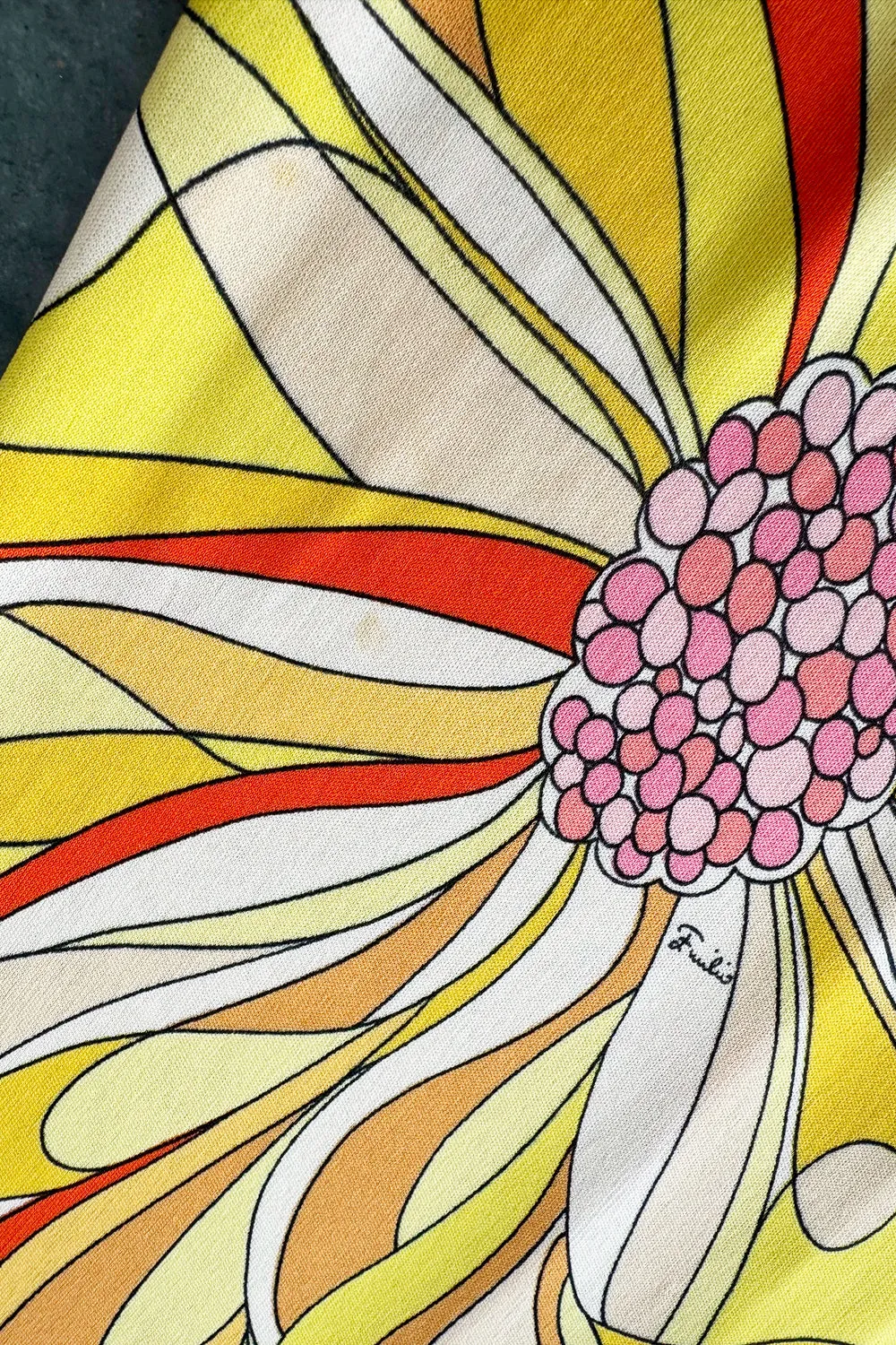 Gorgeous 1960s Emilio Pucci Brilliant Citrus Coloured Silk Jersey Dress w Huge Floral Print