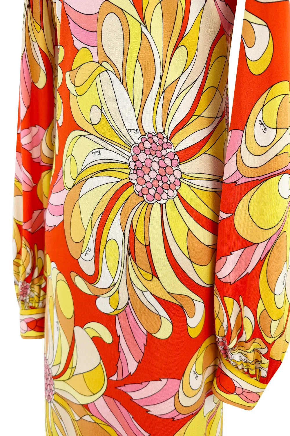 Gorgeous 1960s Emilio Pucci Brilliant Citrus Coloured Silk Jersey Dress w Huge Floral Print