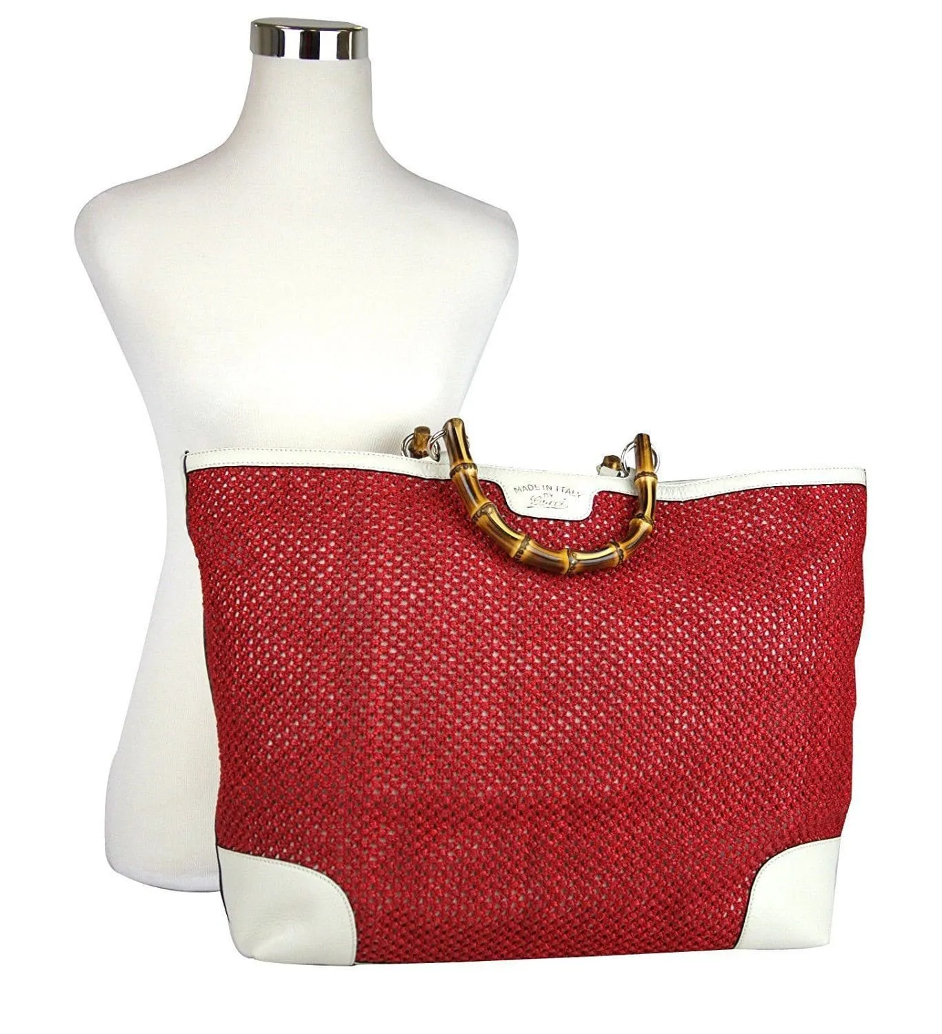 Gucci 338964 Red Straw Bamboo Handle Large Shopper Tote Trim - Final Call