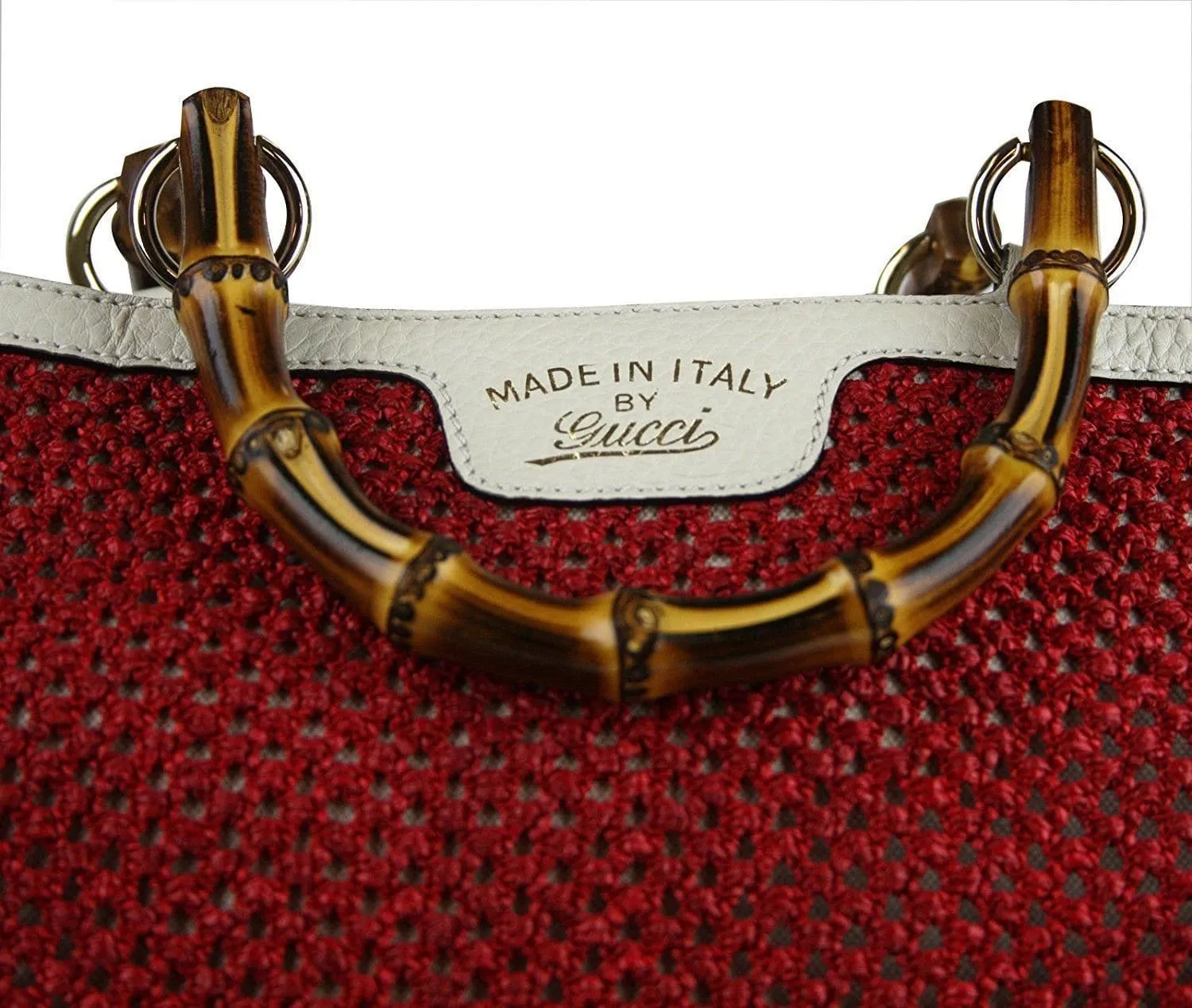 Gucci 338964 Red Straw Bamboo Handle Large Shopper Tote Trim - Final Call