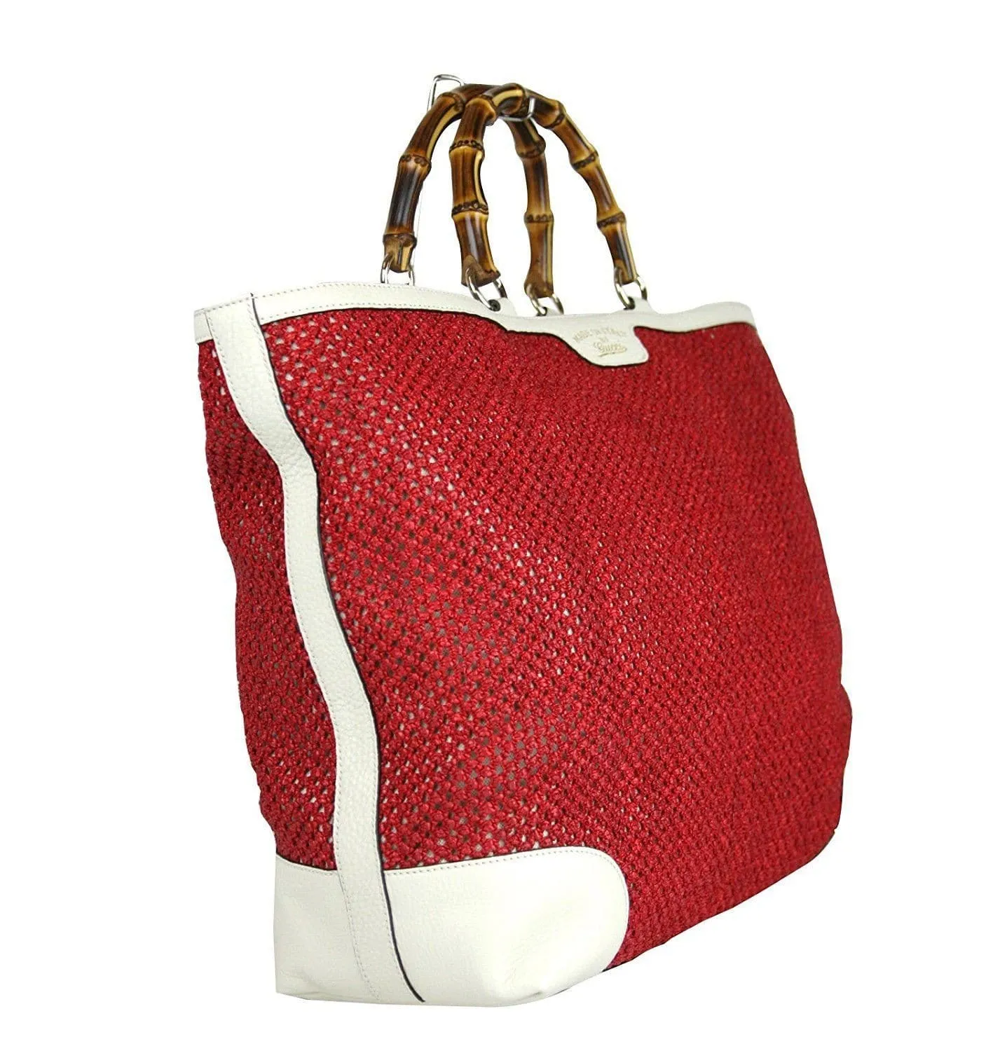 Gucci 338964 Red Straw Bamboo Handle Large Shopper Tote Trim - Final Call