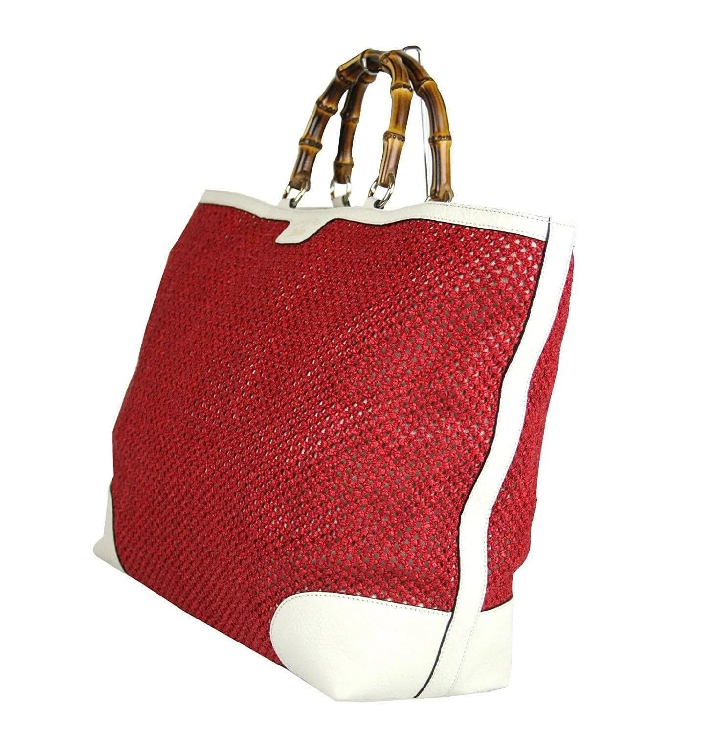 Gucci 338964 Red Straw Bamboo Handle Large Shopper Tote Trim - Final Call