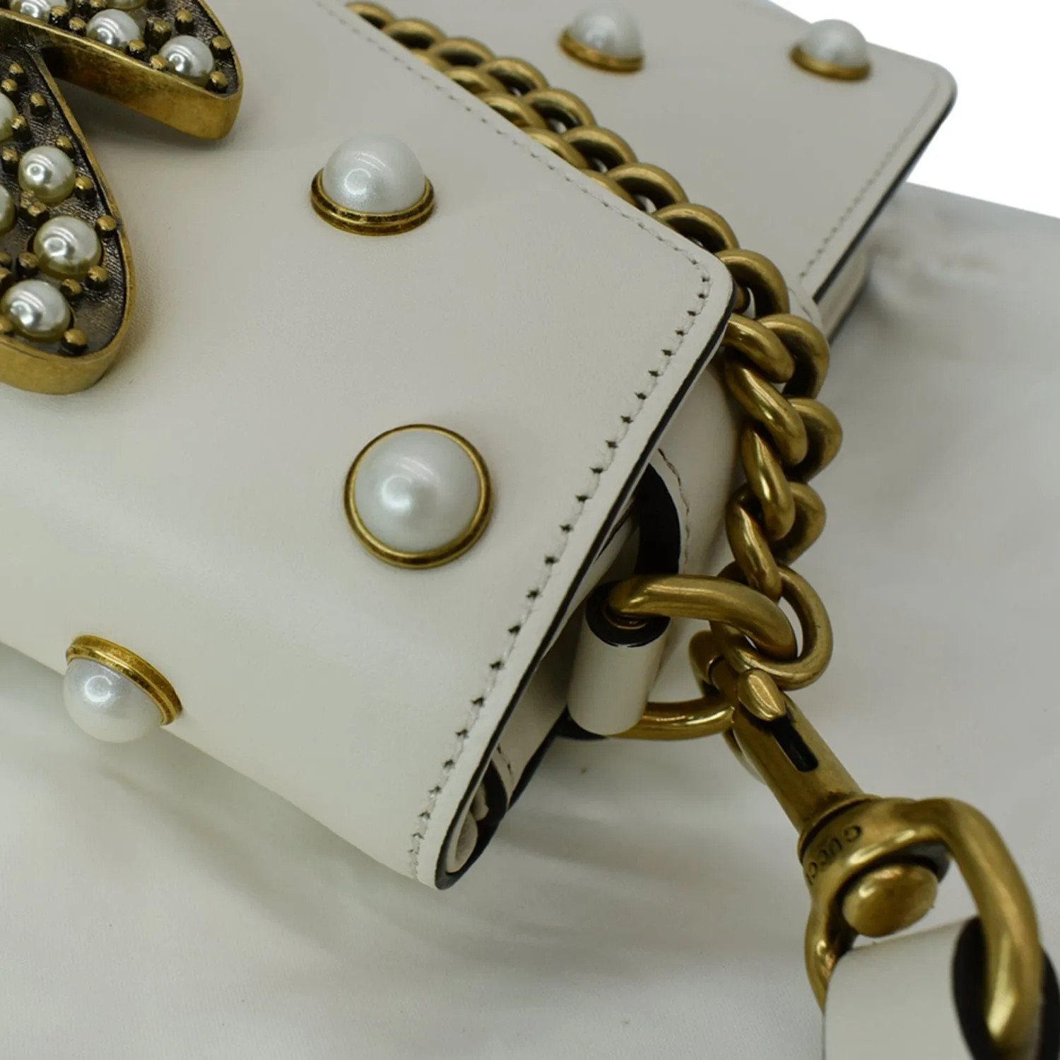 GUCCI Broadway Pearl Bee Leather Crossbody Bag White 453778
