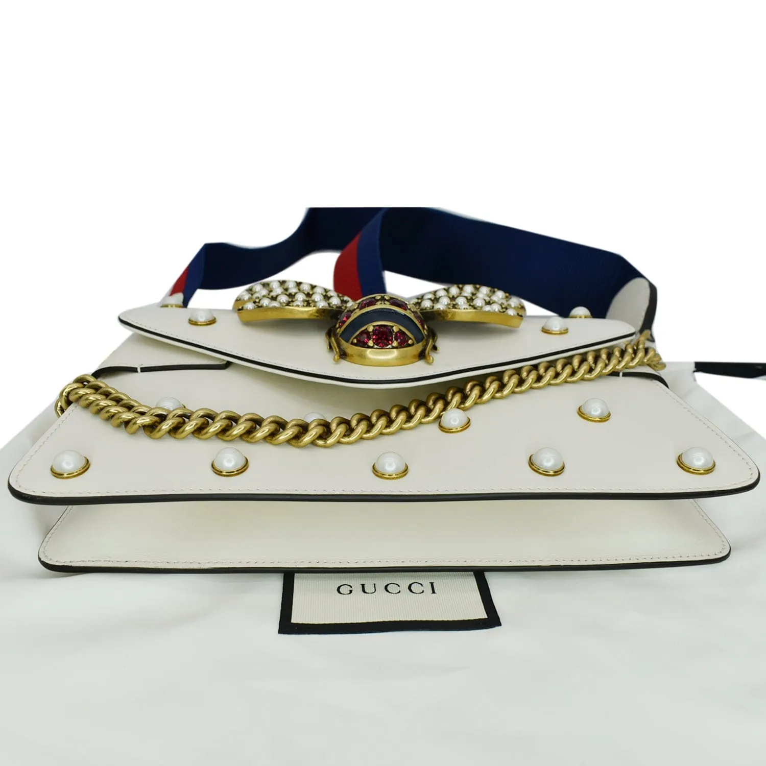 GUCCI Broadway Pearl Bee Leather Crossbody Bag White 453778