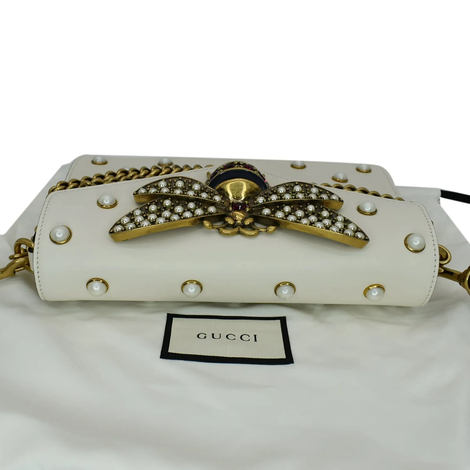 GUCCI Broadway Pearl Bee Leather Crossbody Bag White 453778