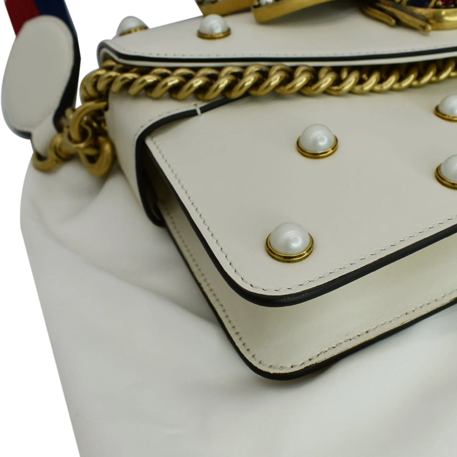 GUCCI Broadway Pearl Bee Leather Crossbody Bag White 453778