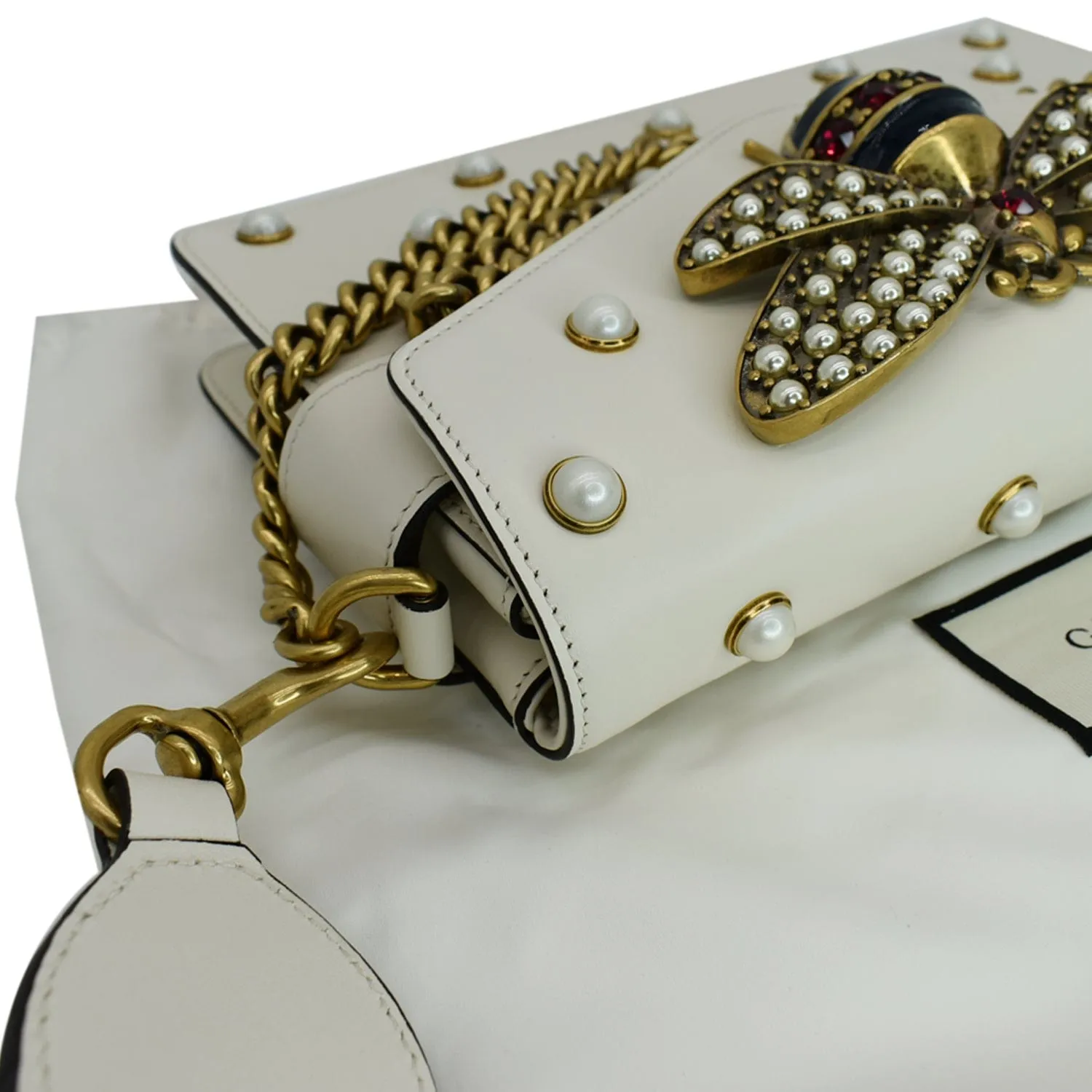 GUCCI Broadway Pearl Bee Leather Crossbody Bag White 453778