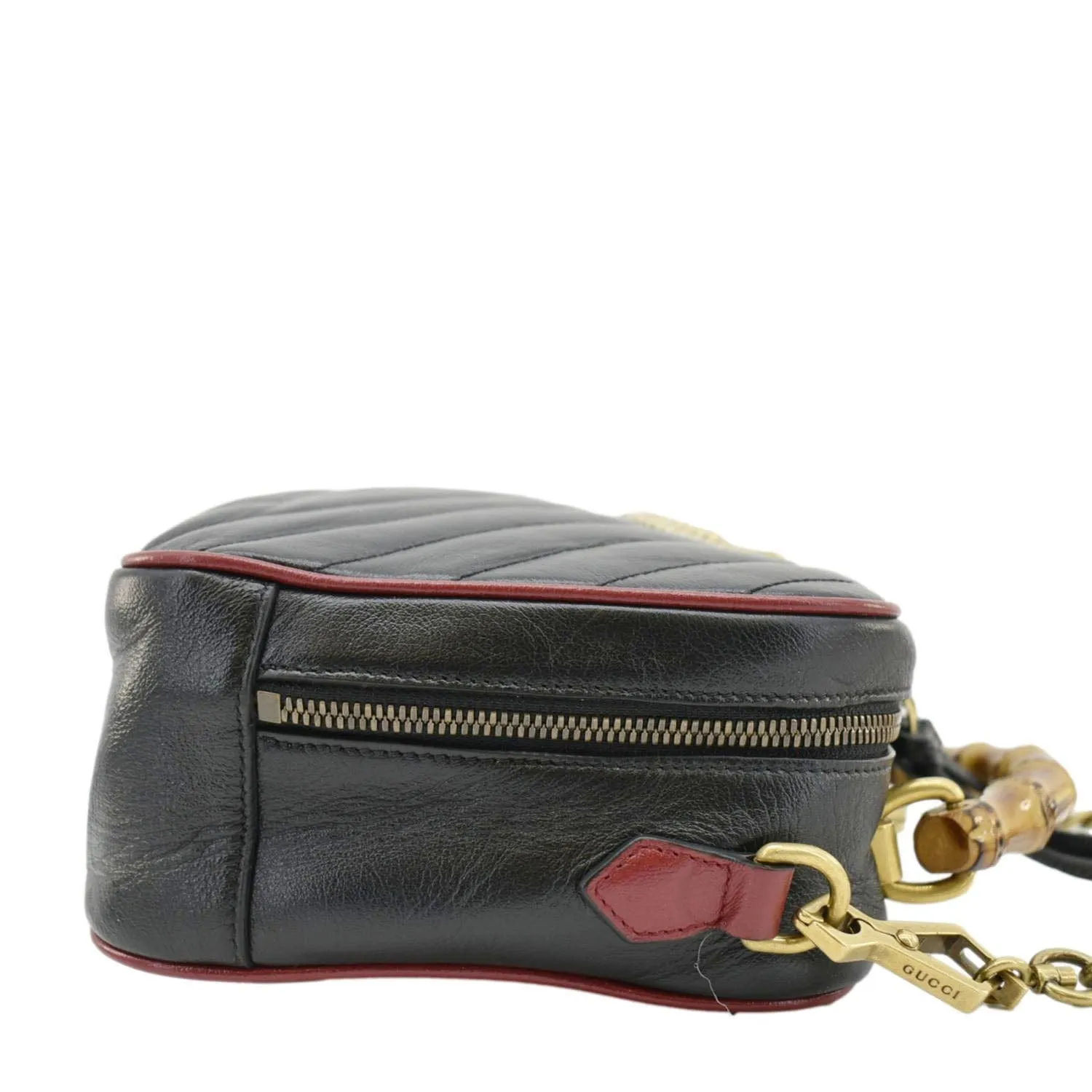 GUCCI GG Marmont Diagonal Leather Bamboo Top Handle Crossbody Bag Black 602270