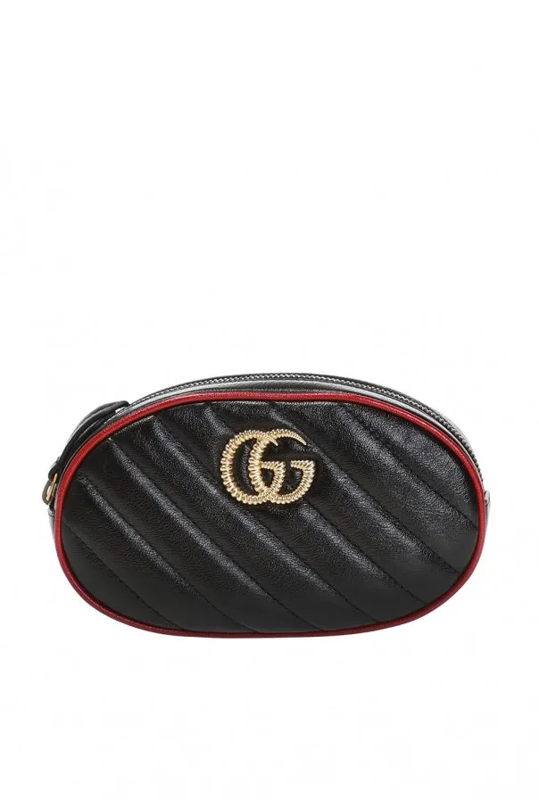Gucci GG Marmont Matelasse Leather Belt Bag in Black with Red Trim